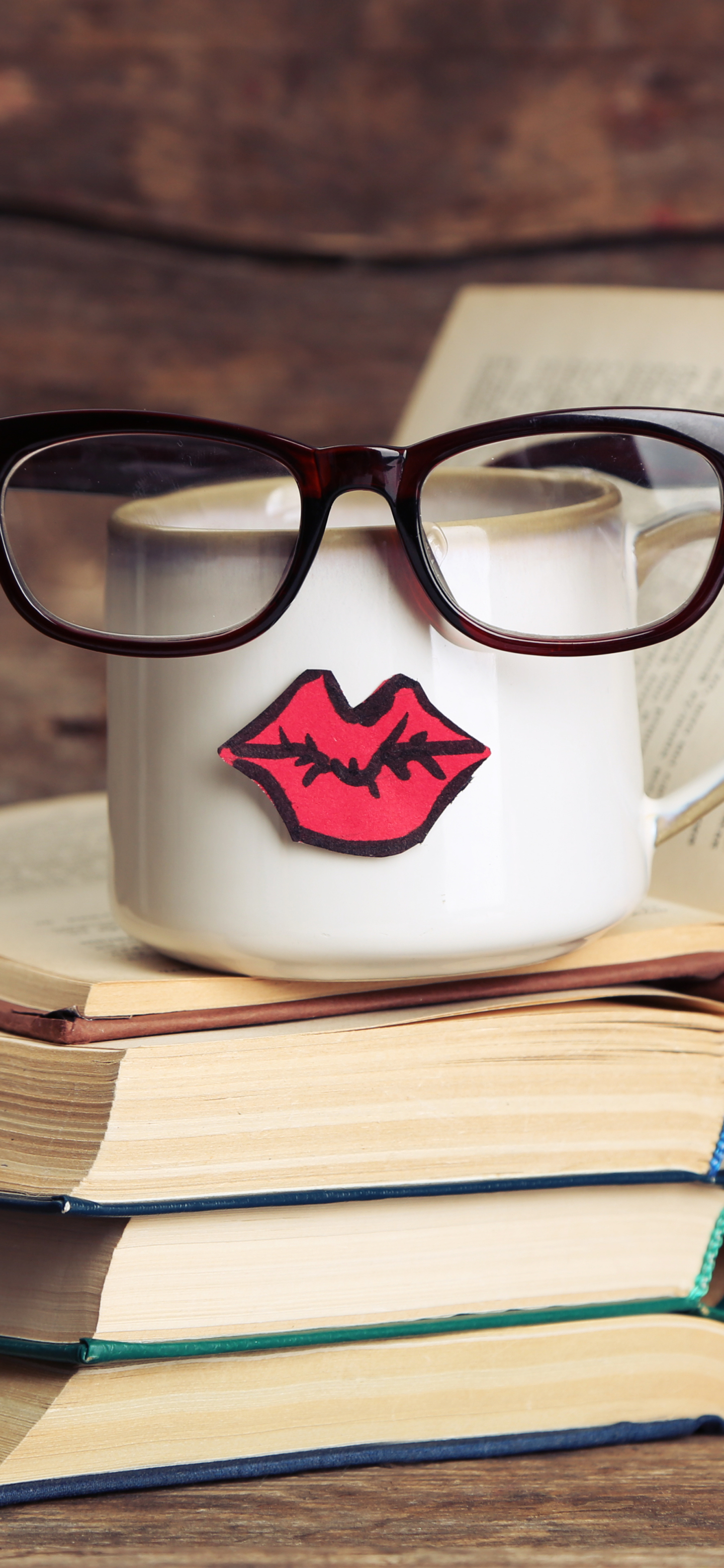 Download mobile wallpaper Cup, Book, Glasses, Man Made, Humor for free.