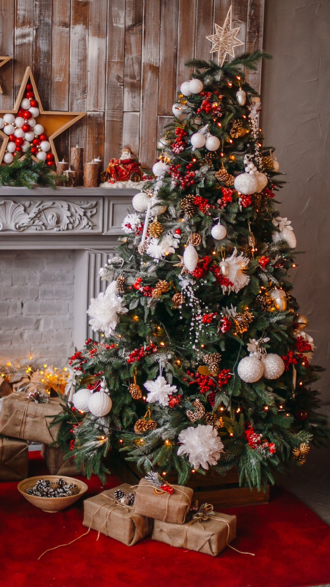 Download mobile wallpaper Christmas, Holiday, Gift, Christmas Tree, Fireplace, Christmas Ornaments for free.