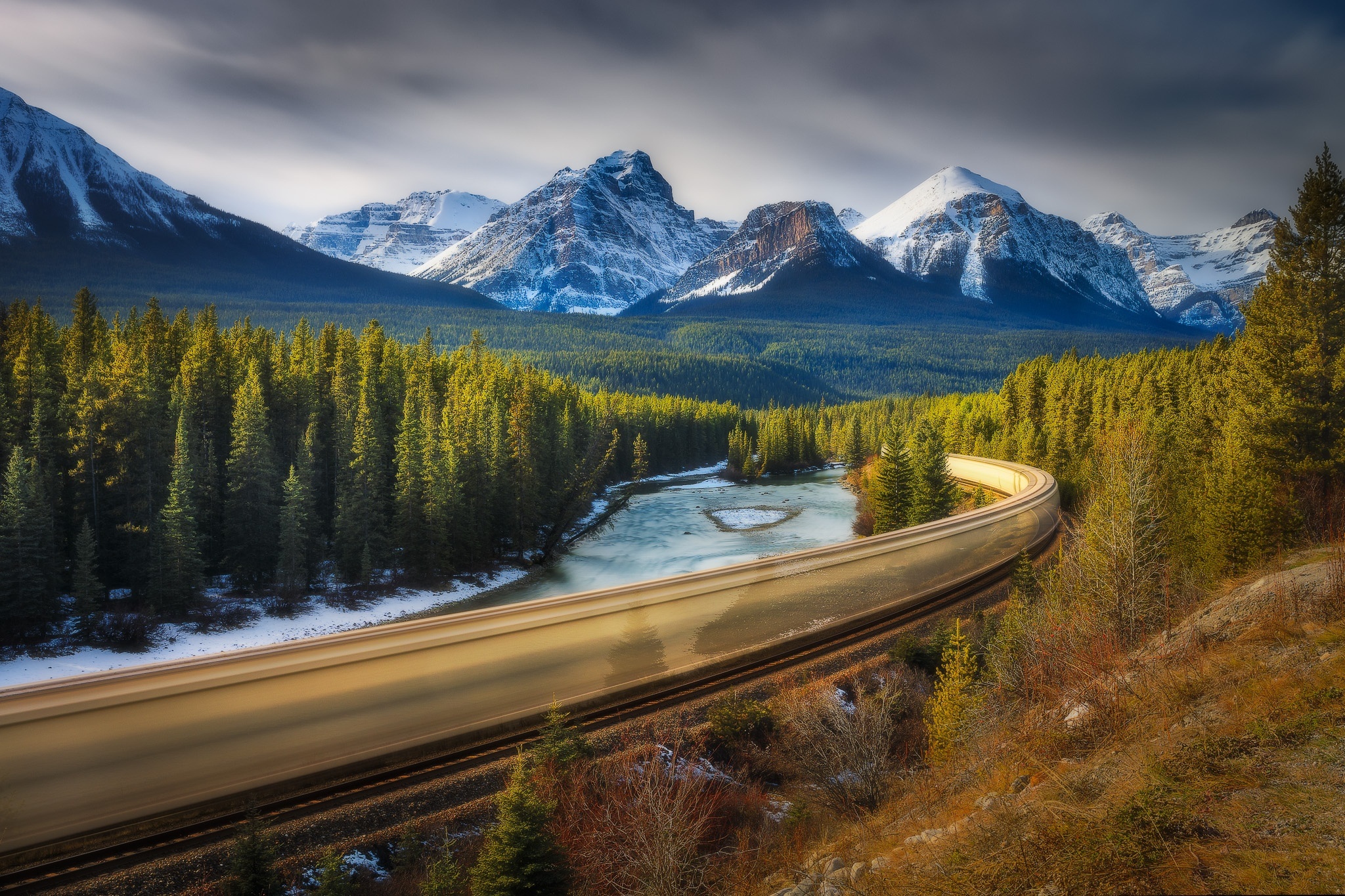 Download mobile wallpaper Landscape, Mountain, Forest, Train, Photography, Railroad, Time Lapse for free.