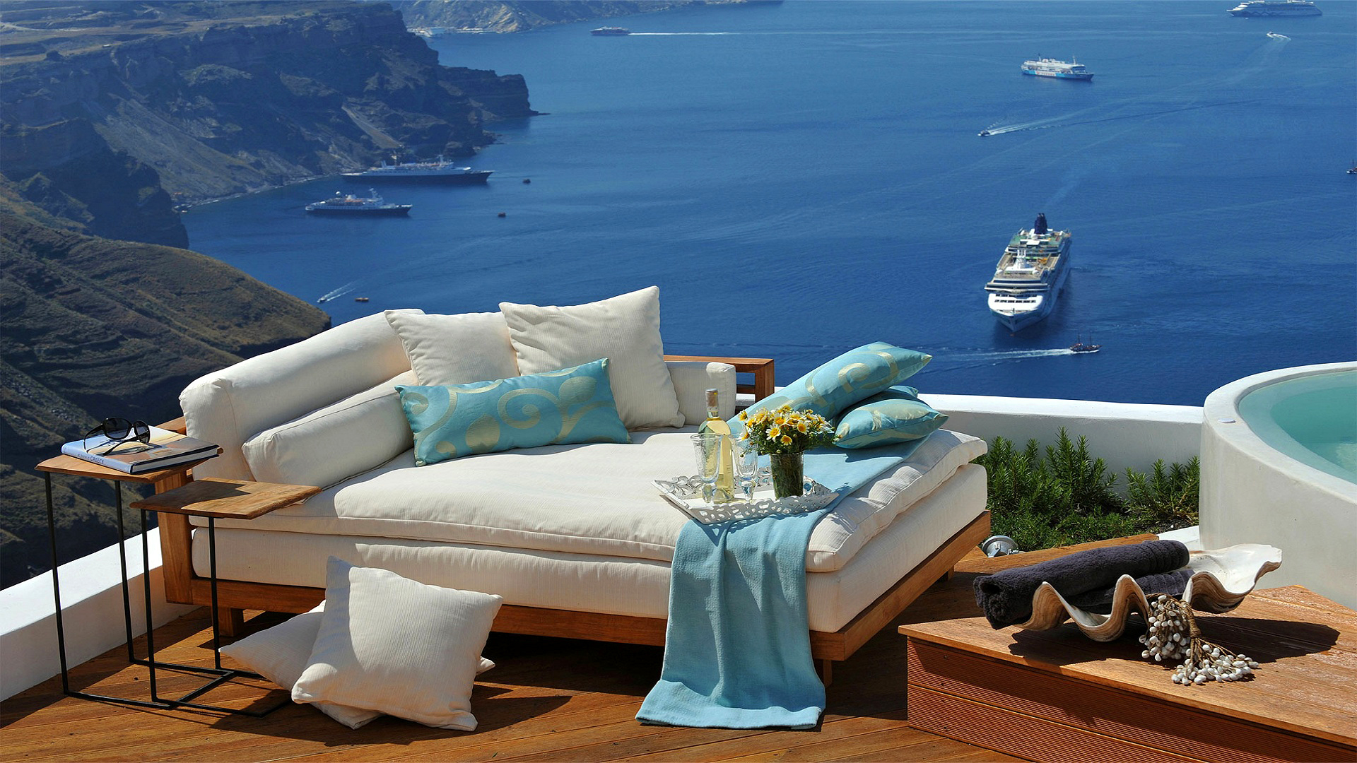 cruise ship, sofa, ocean, photography, holiday, cushion, greece, lounge, pillow, santorini, ship