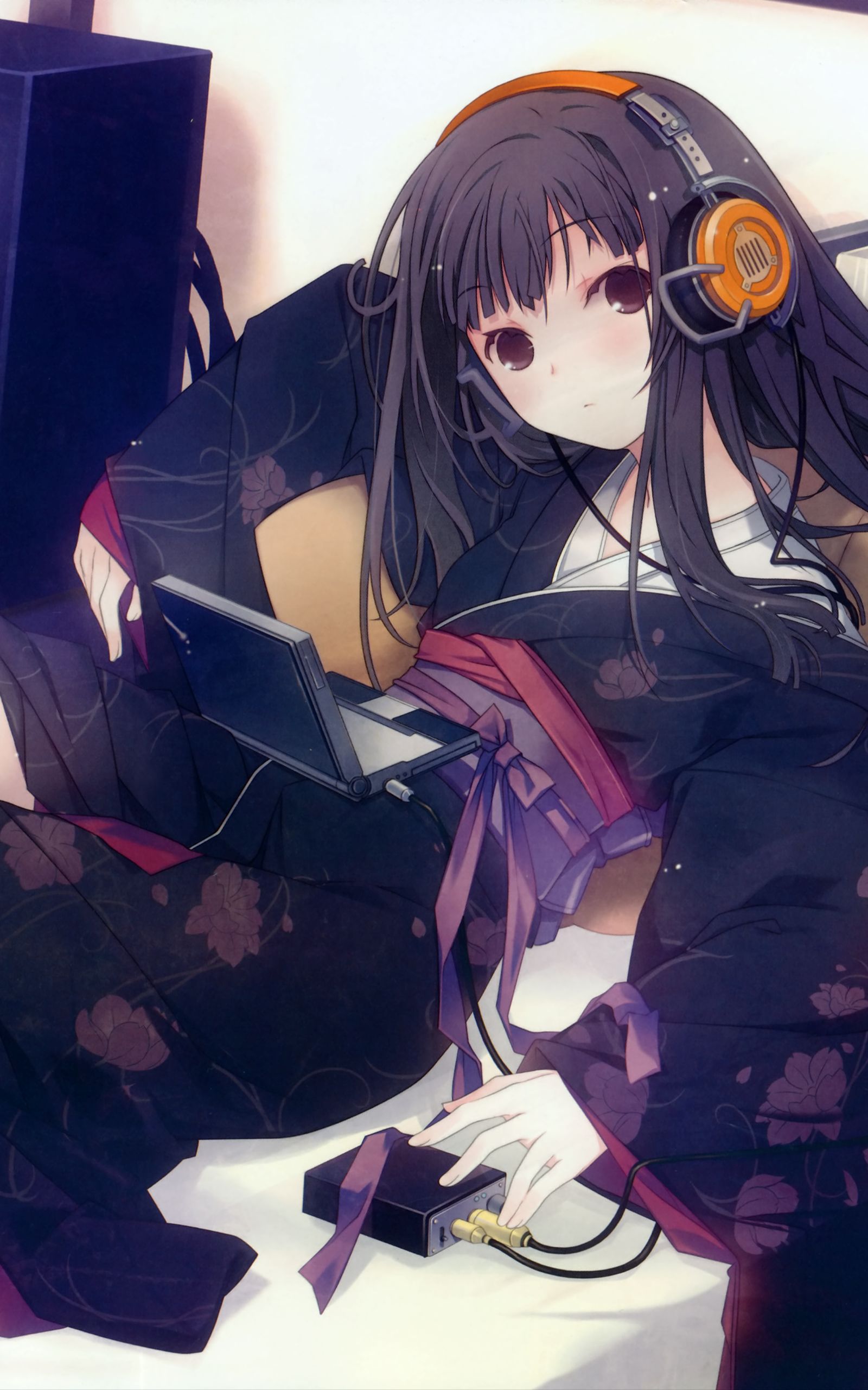 Download mobile wallpaper Anime, Headphones, Kimono, Brown Eyes, Black Hair, Long Hair for free.