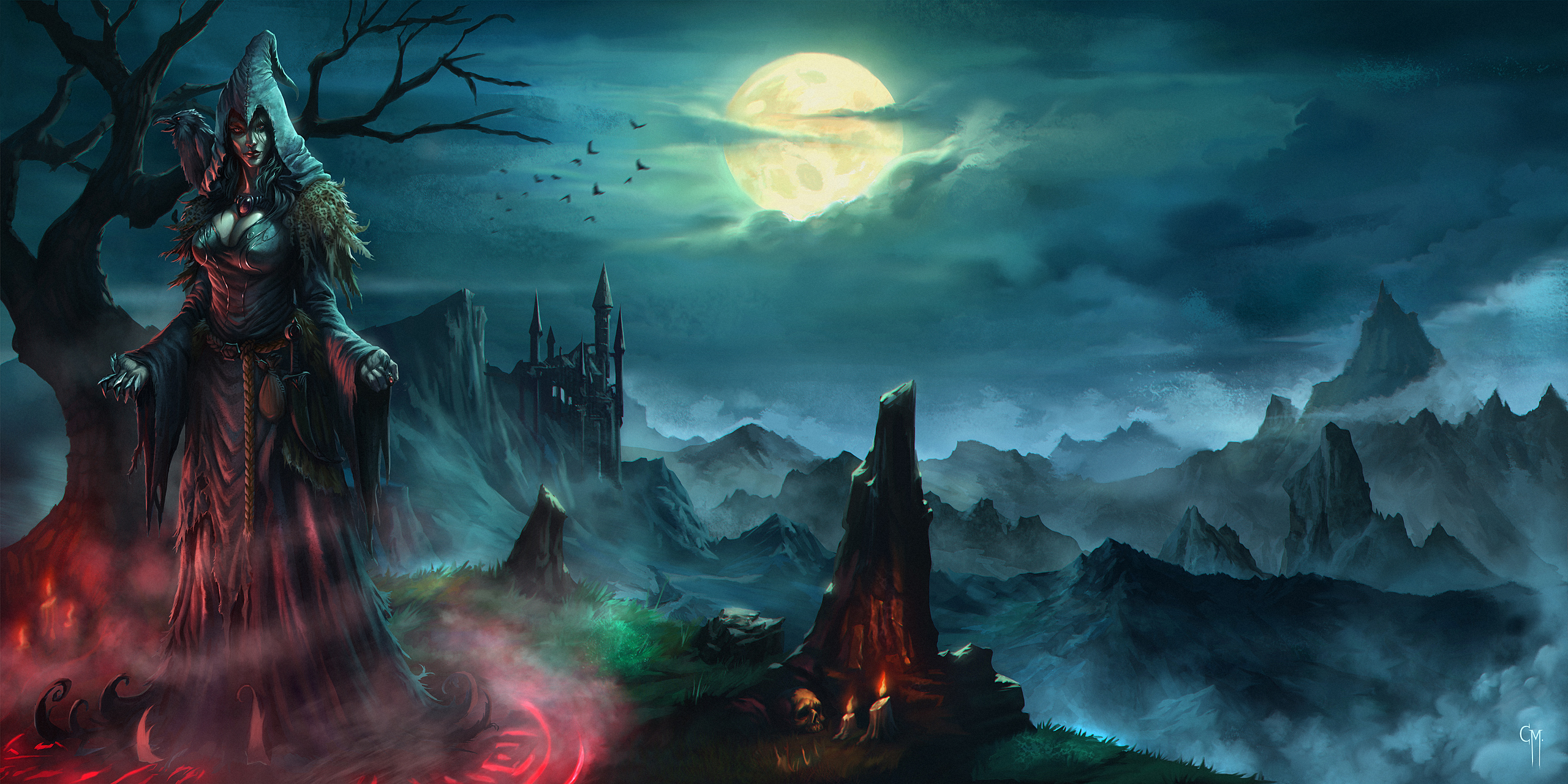 Free download wallpaper Landscape, Magic, Fantasy, Night, Moon, Dark, Raven, Witch on your PC desktop
