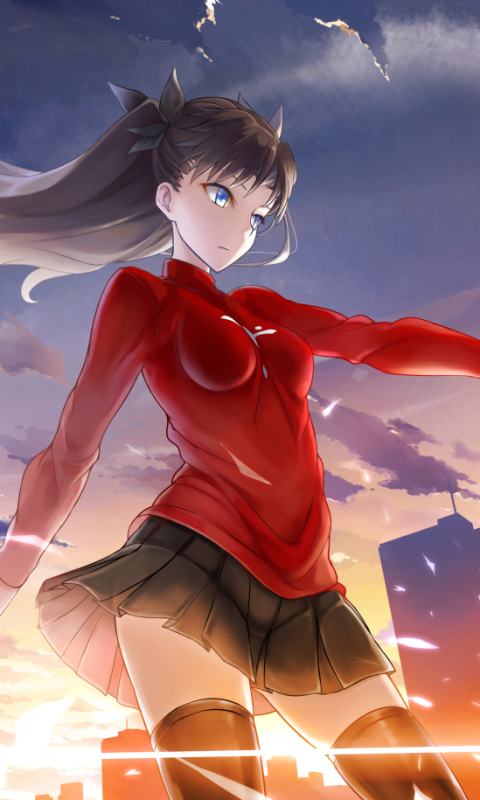 Download mobile wallpaper Anime, Building, Sunrise, Cloud, Skirt, Blue Eyes, Black Hair, Long Hair, Fate/stay Night, White Hair, Pantyhose, Archer (Fate/stay Night), Rin Tohsaka, Fate Series for free.