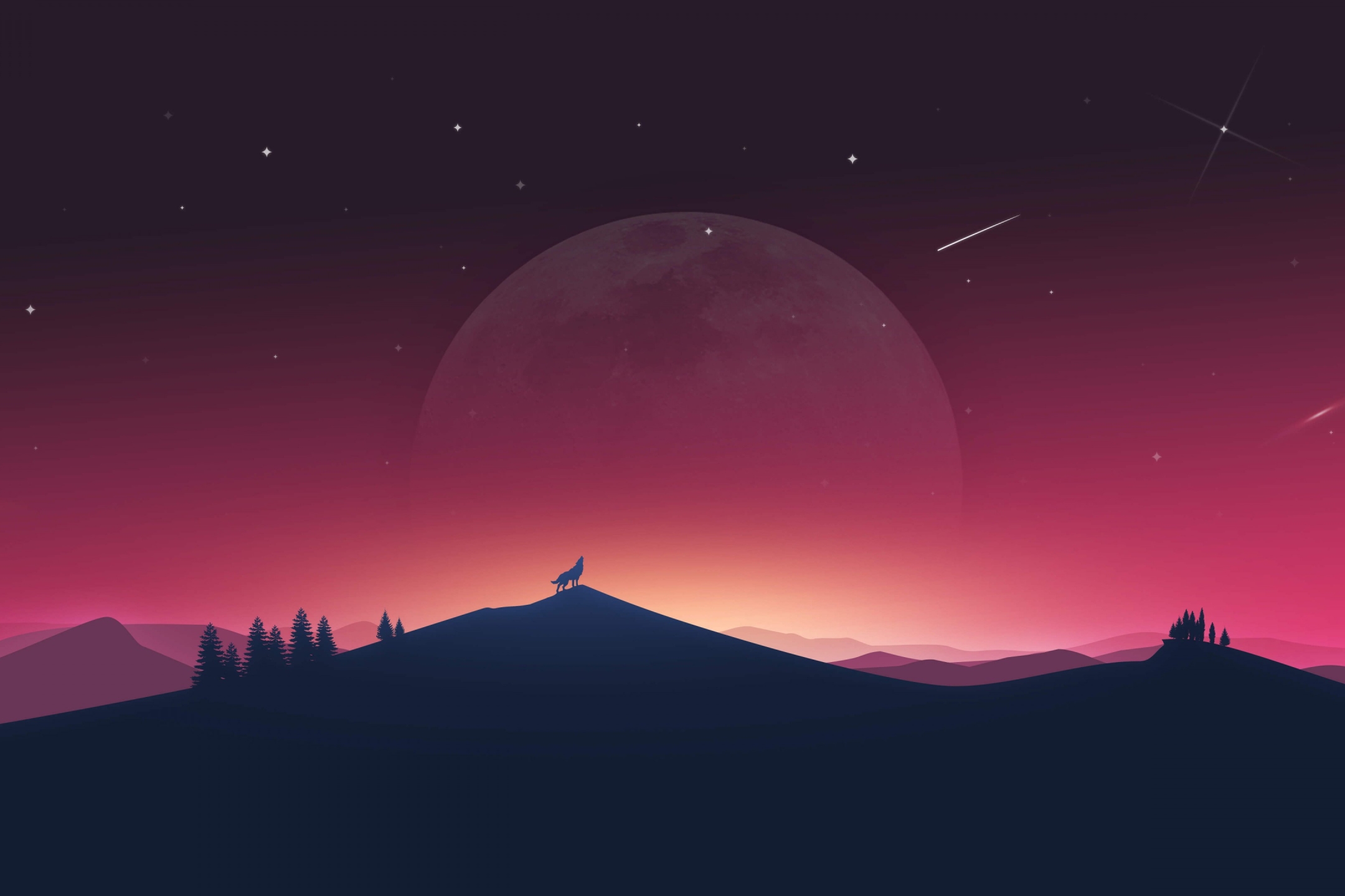 Download mobile wallpaper Landscape, Nature, Fantasy, Sky, Night, Moon, Silhouette, Wolf, Fantasy Animals for free.