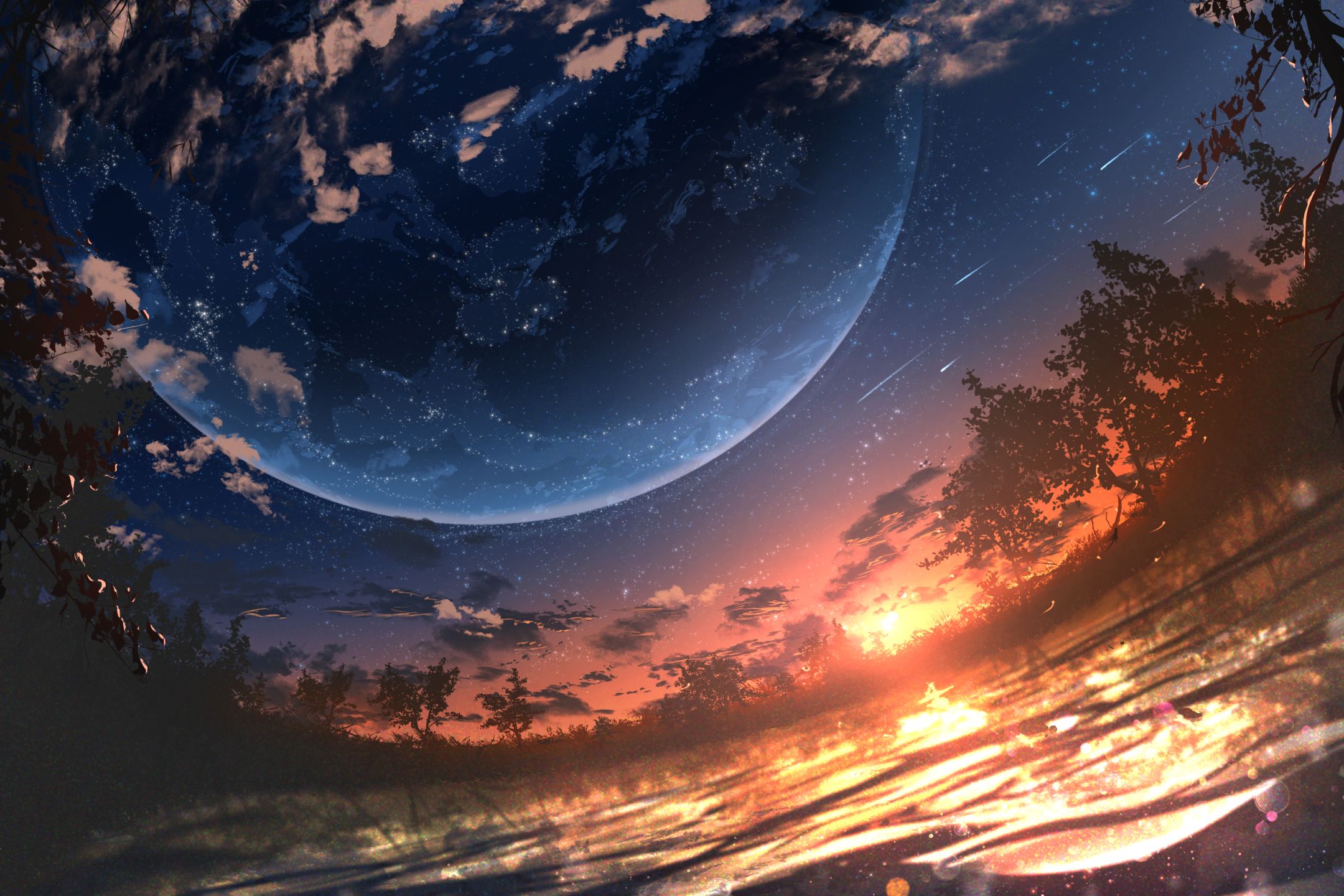 Laden Sie das Planet, Sternschnuppe, Sonnenuntergang, Animes-Bild kostenlos auf Ihren PC-Desktop herunter
