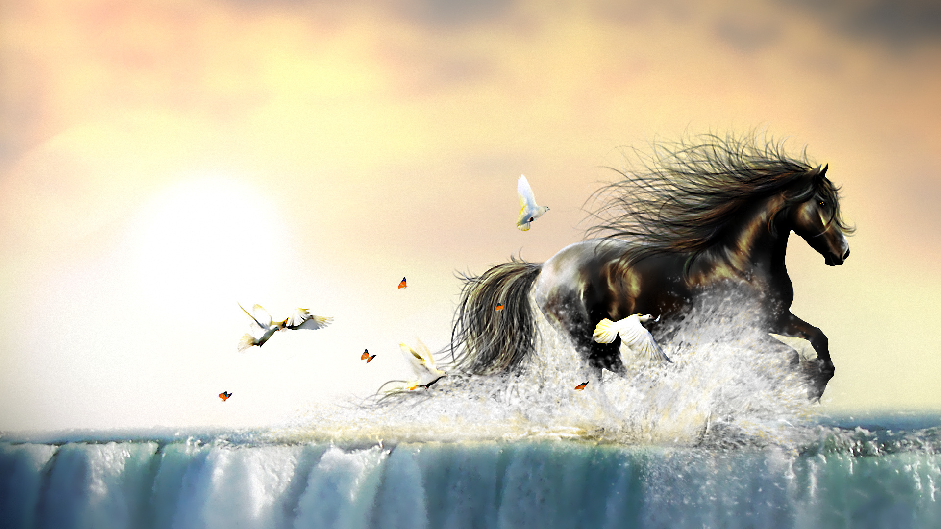 246475 скачать обои животные, лошадь, птицы, голубиные, вода - заставки и картинки бесплатно