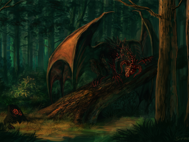 Download mobile wallpaper Fantasy, Forest, Stone, Dragon, Horns for free.