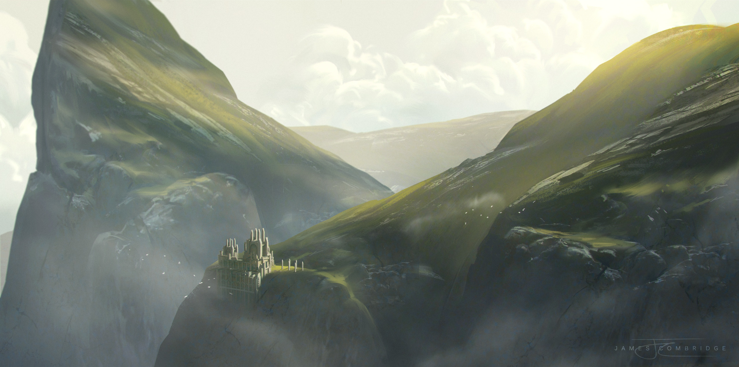 Free download wallpaper Landscape, Fantasy, Mountain, Cliff, Temple, Ruin on your PC desktop