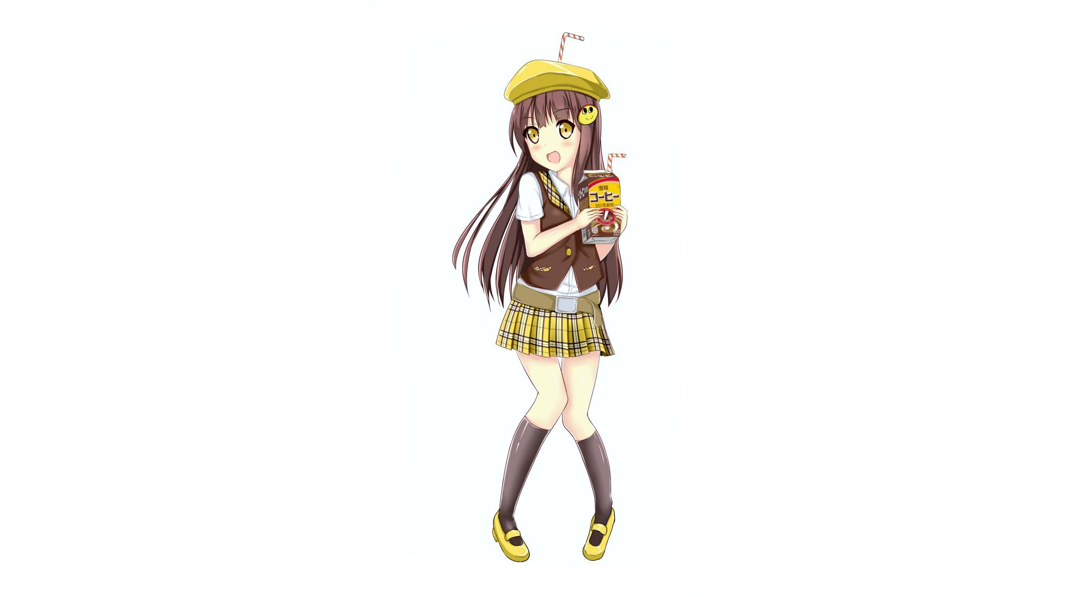 Download mobile wallpaper Anime, Cap, Skirt, Yellow Eyes, Juice, Original, Long Hair, Brown Hair, Thigh Highs for free.