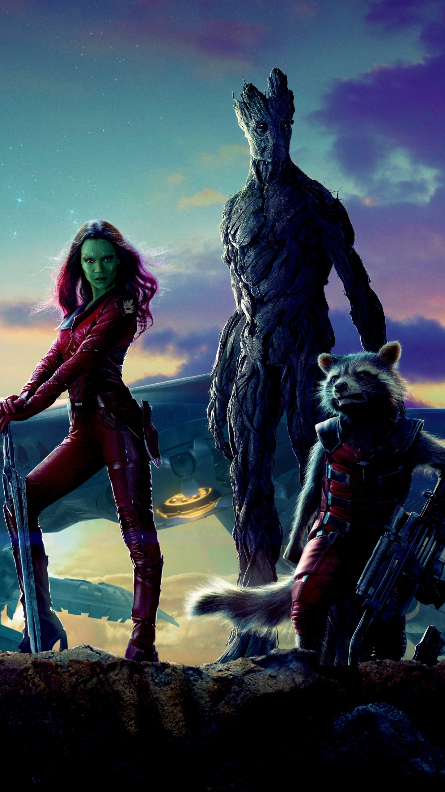 Download mobile wallpaper Movie, Guardians Of The Galaxy, Zoe Saldana, Rocket Raccoon, Gamora, Groot for free.