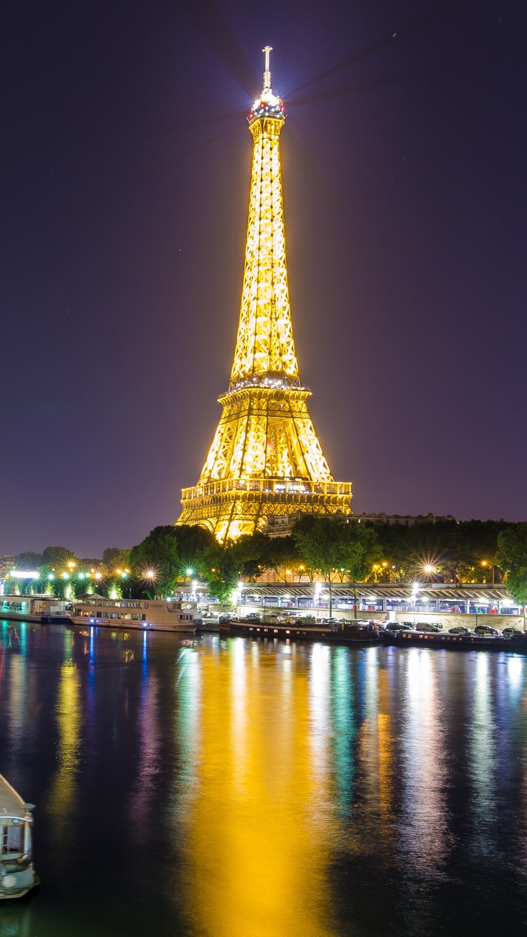 Baixar papel de parede para celular de Noite, Paris, Torre Eiffel, Monumentos, Rio, Luz, Estrada, França, Leve, Feito Pelo Homem, Lapso De Tempo gratuito.