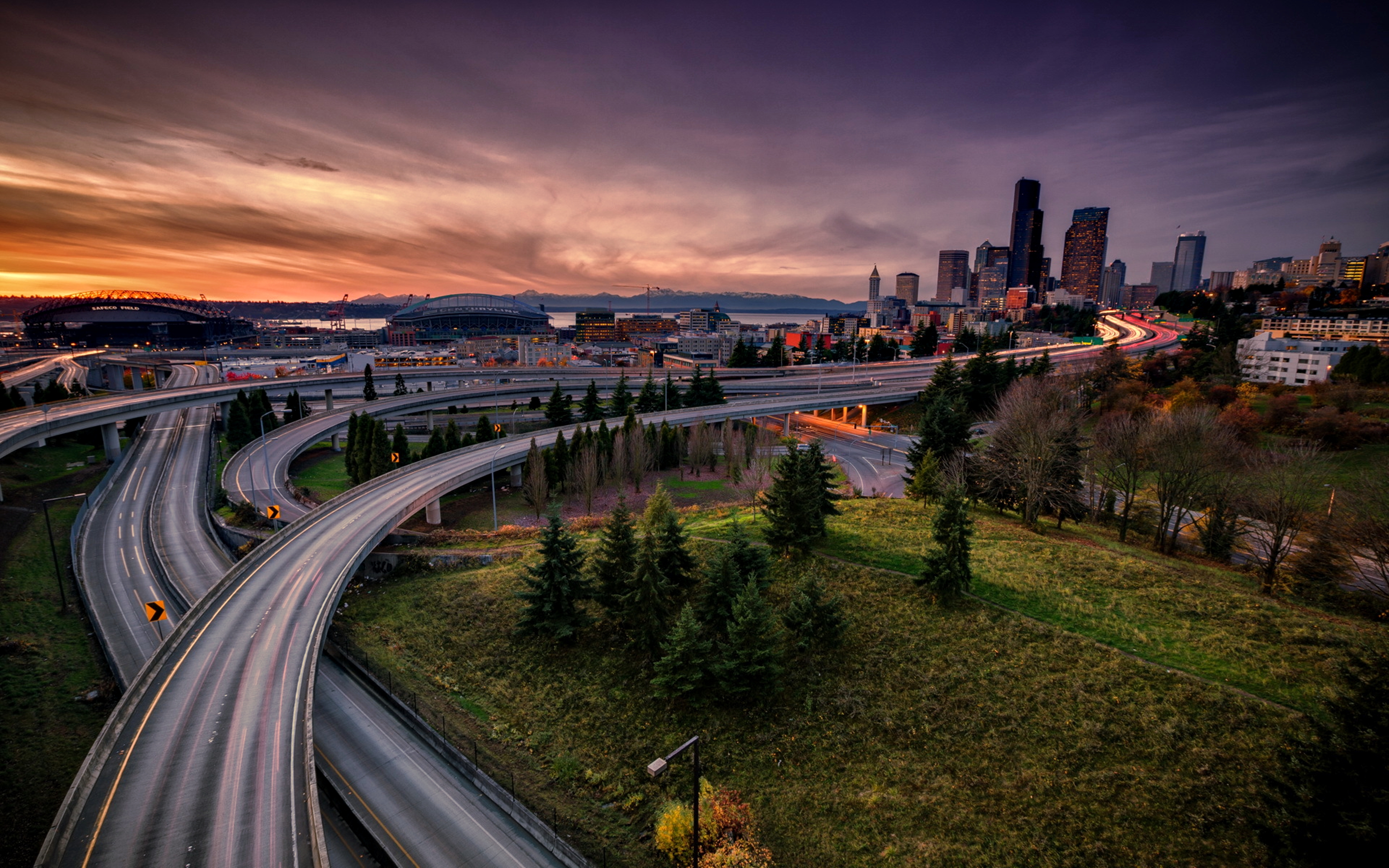 Free download wallpaper Sunset, City, Skyscraper, Road, Highway, Seattle, Man Made on your PC desktop