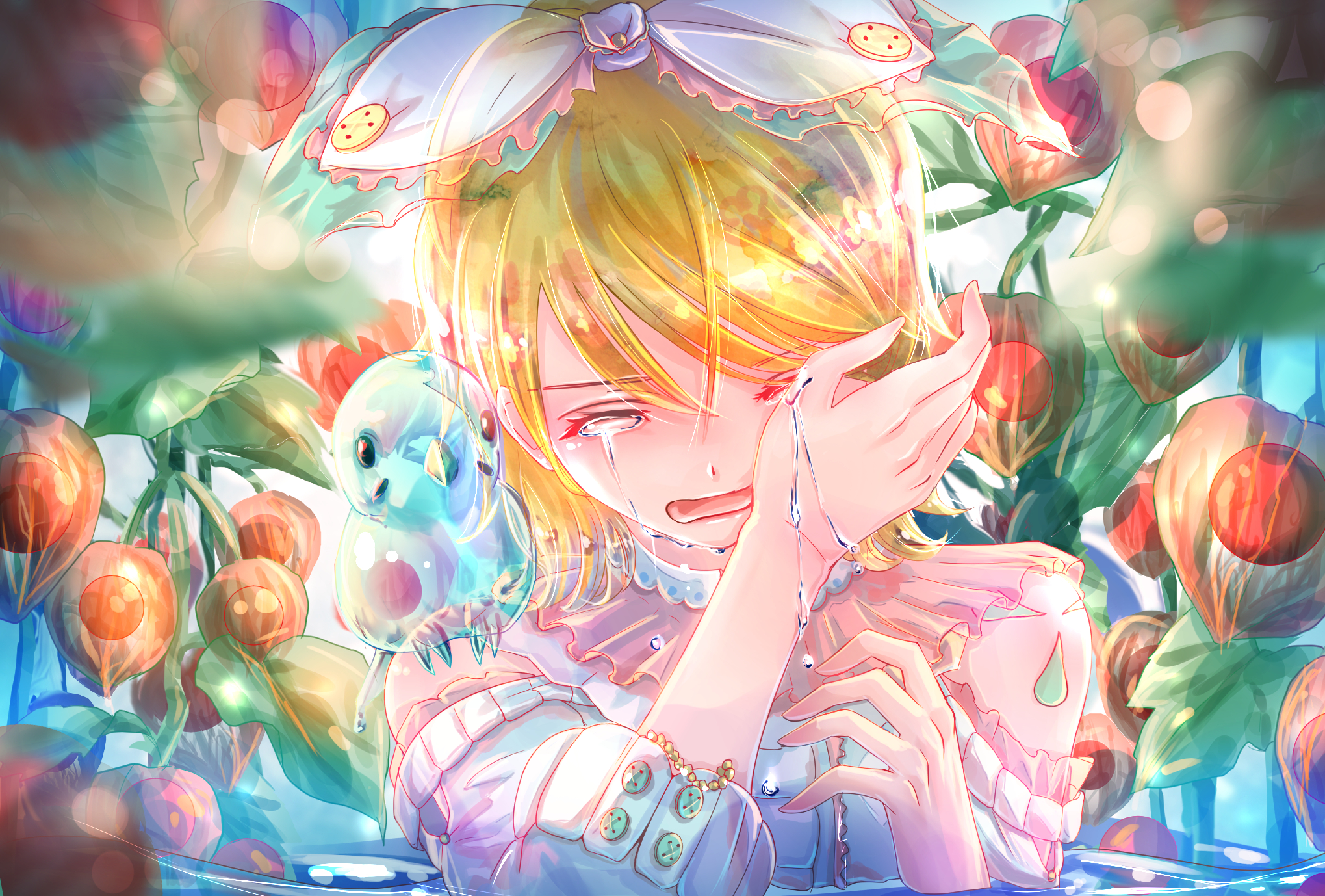 Free download wallpaper Anime, Blonde, Vocaloid, Tears, Parrot, Short Hair, Rin Kagamine on your PC desktop