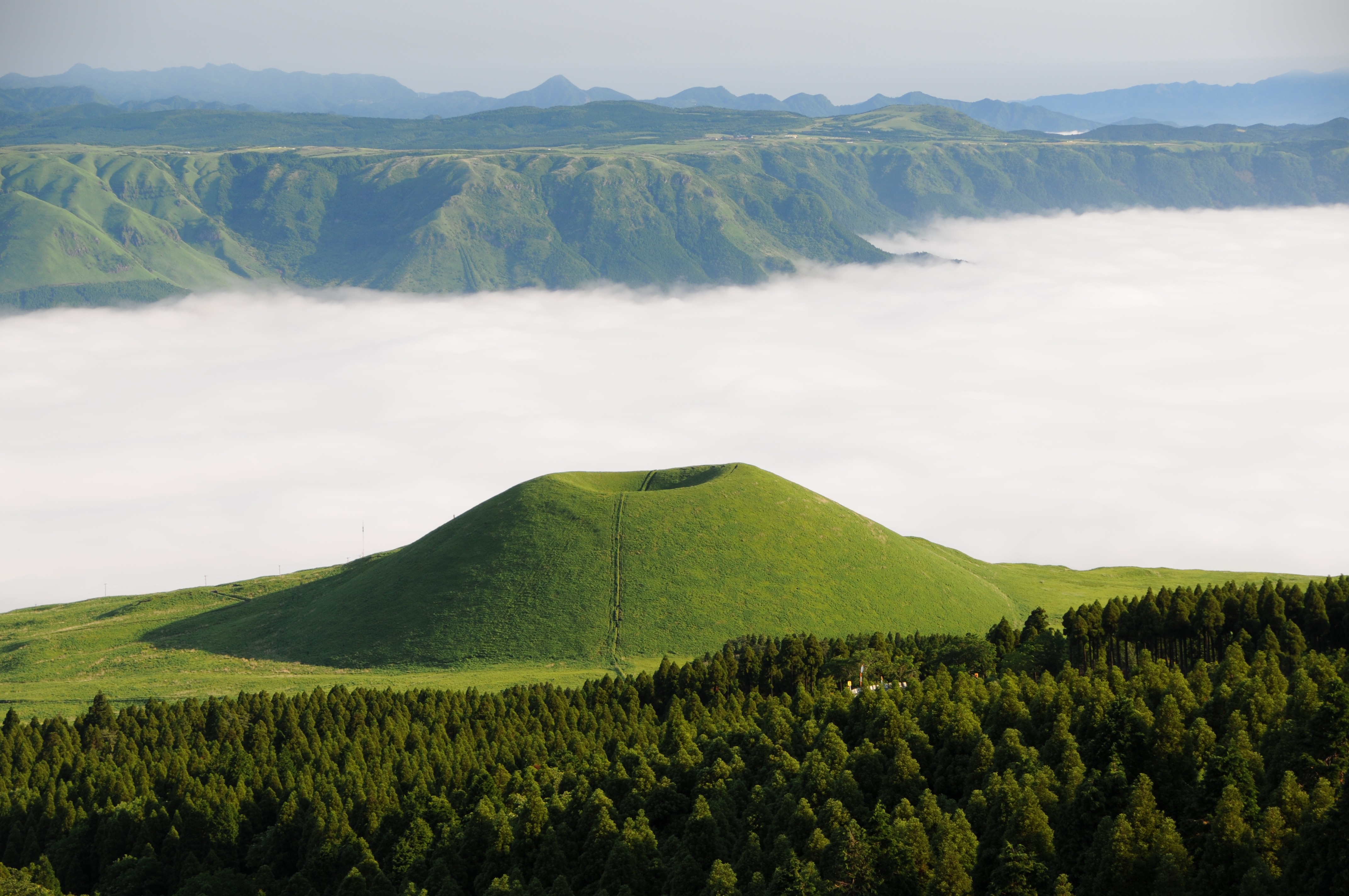 Скачать картинку Пейзаж, Облака, Лес, Дерево, Япония, Холм, Земля/природа в телефон бесплатно.