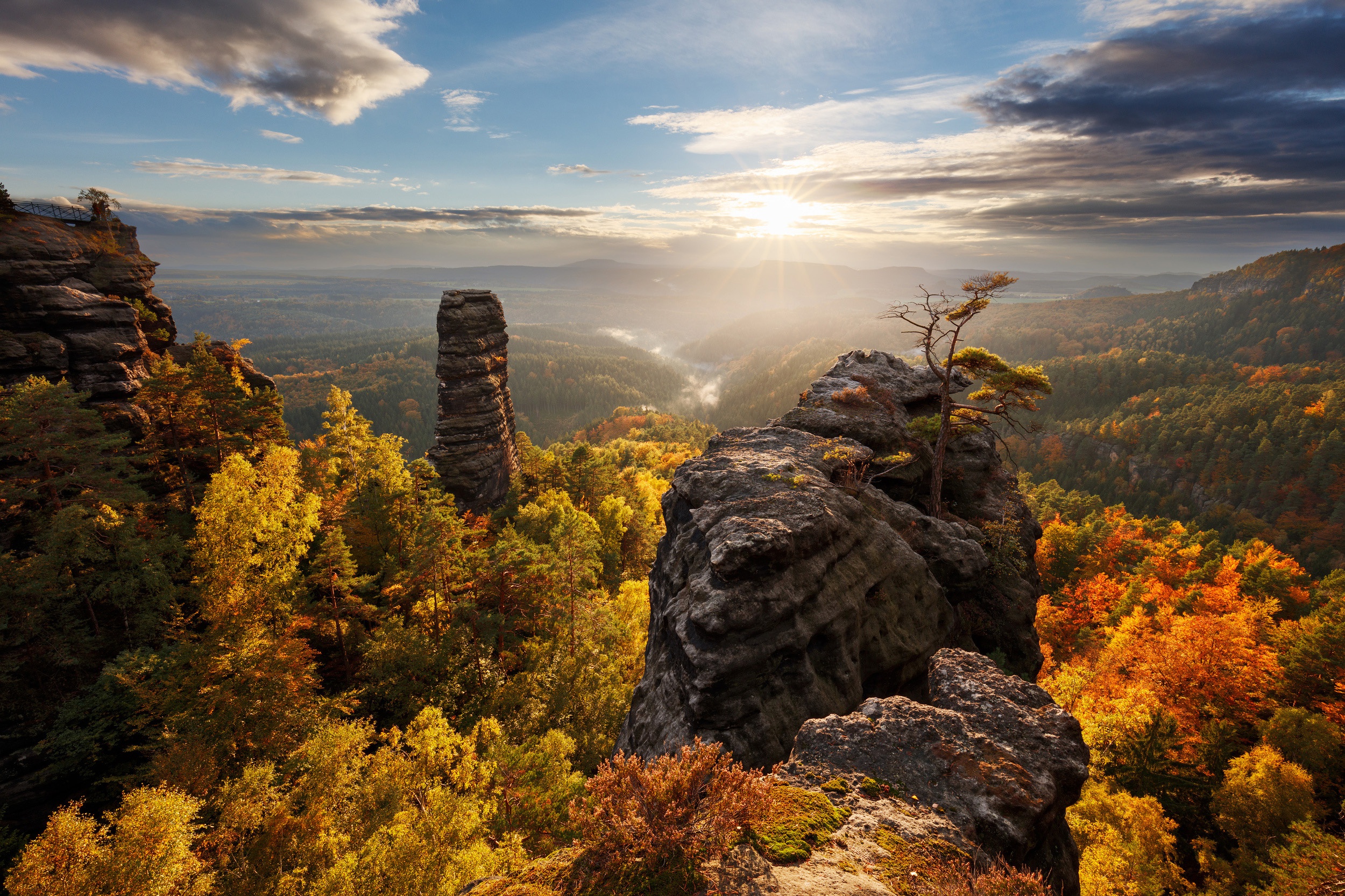 earth, fall, bohemia, cliff, czech republic, forest, landscape, nature, sun, sunshine
