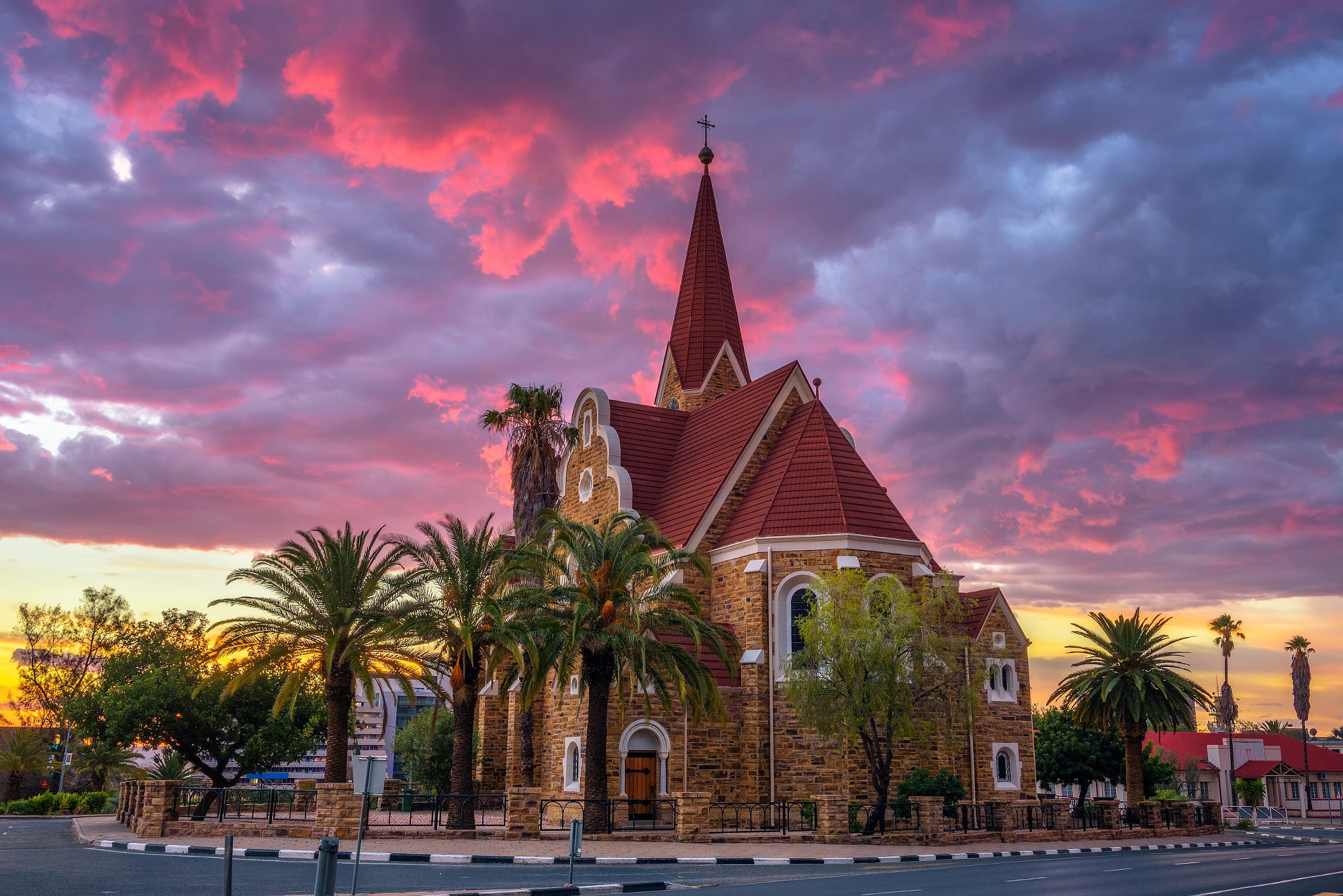 namibia, religious, church, architecture, cloud, evening, palm tree, sunset, churches