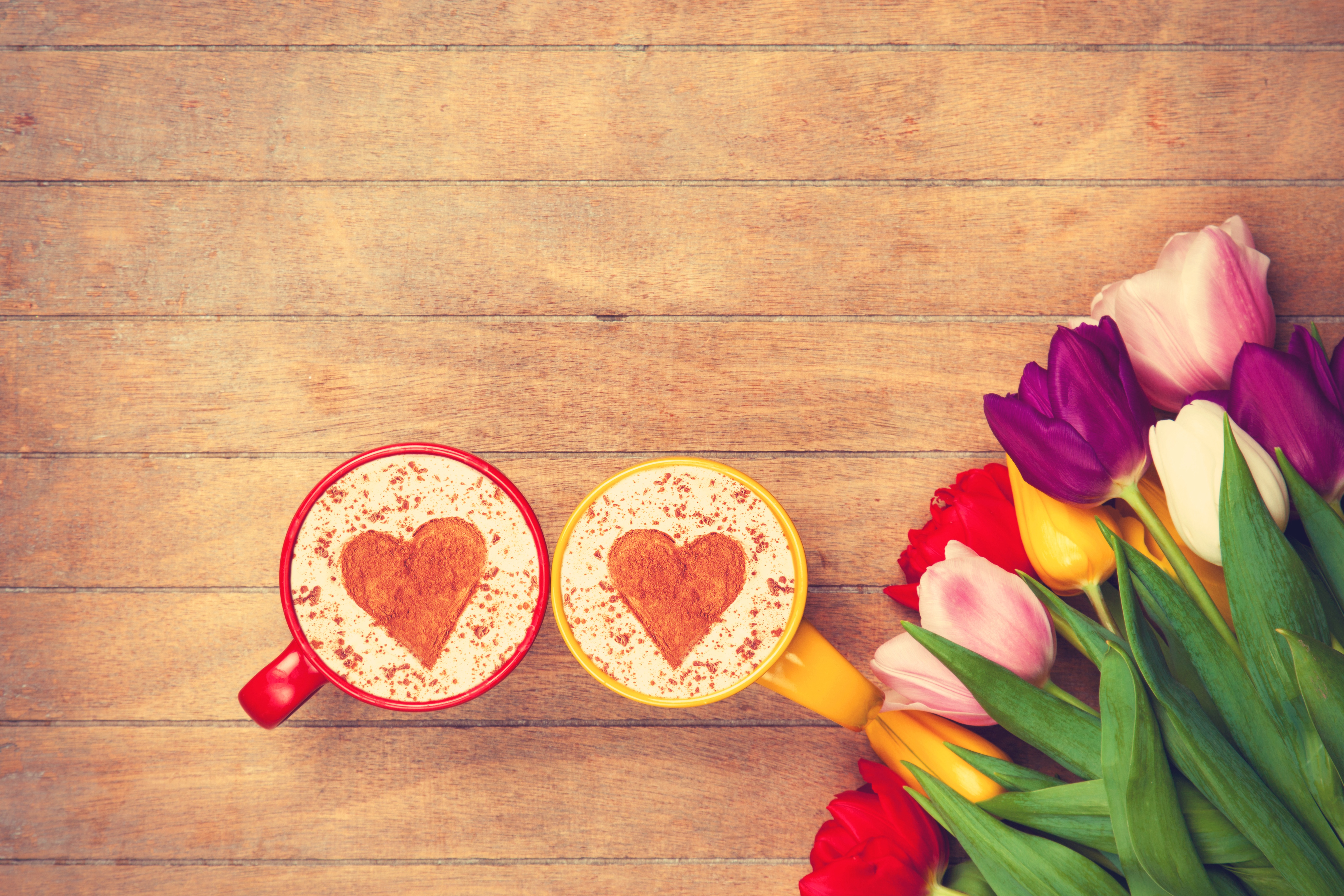 Download mobile wallpaper Food, Coffee, Still Life, Flower, Cup, Tulip, Heart Shaped for free.
