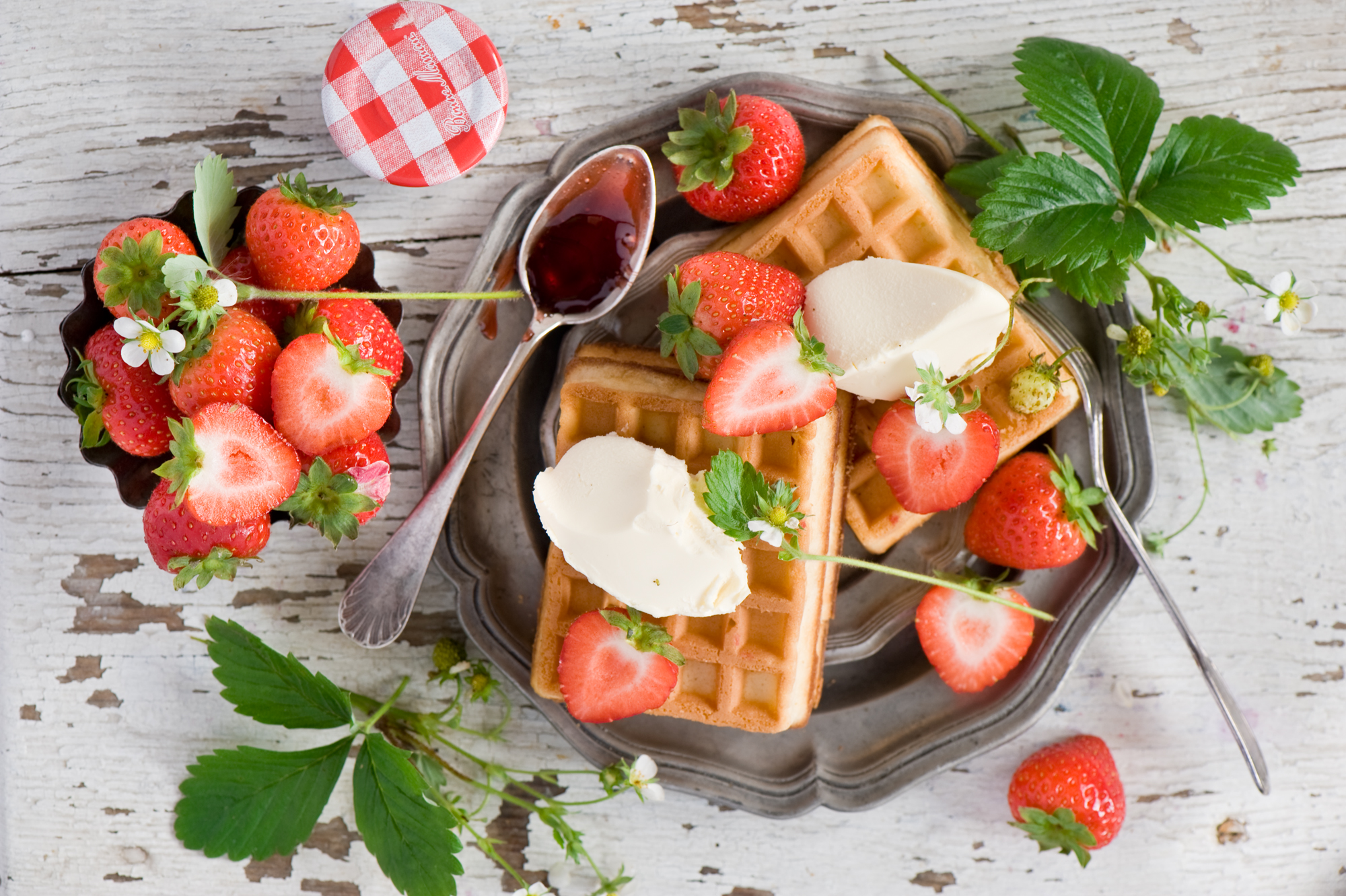 Download mobile wallpaper Food, Strawberry, Still Life, Jam, Waffle, Breakfast for free.