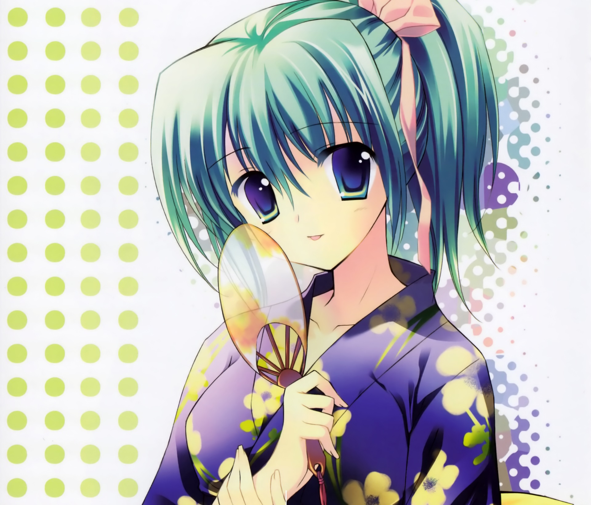 Free download wallpaper Anime, Smile, Kimono, Green Hair, Fan, Original, Short Hair, Ponytail on your PC desktop