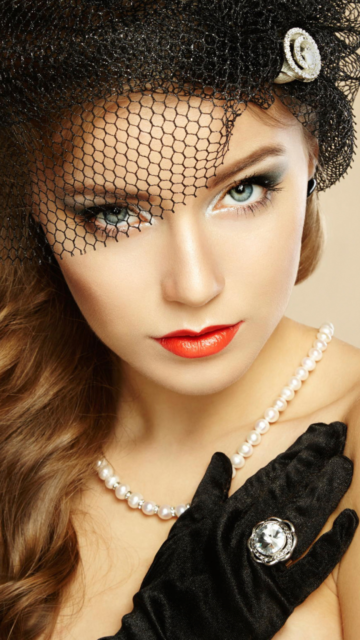 Download mobile wallpaper Jewelry, Veil, Blonde, Face, Hat, Women, Lipstick, Arina Postnikova for free.