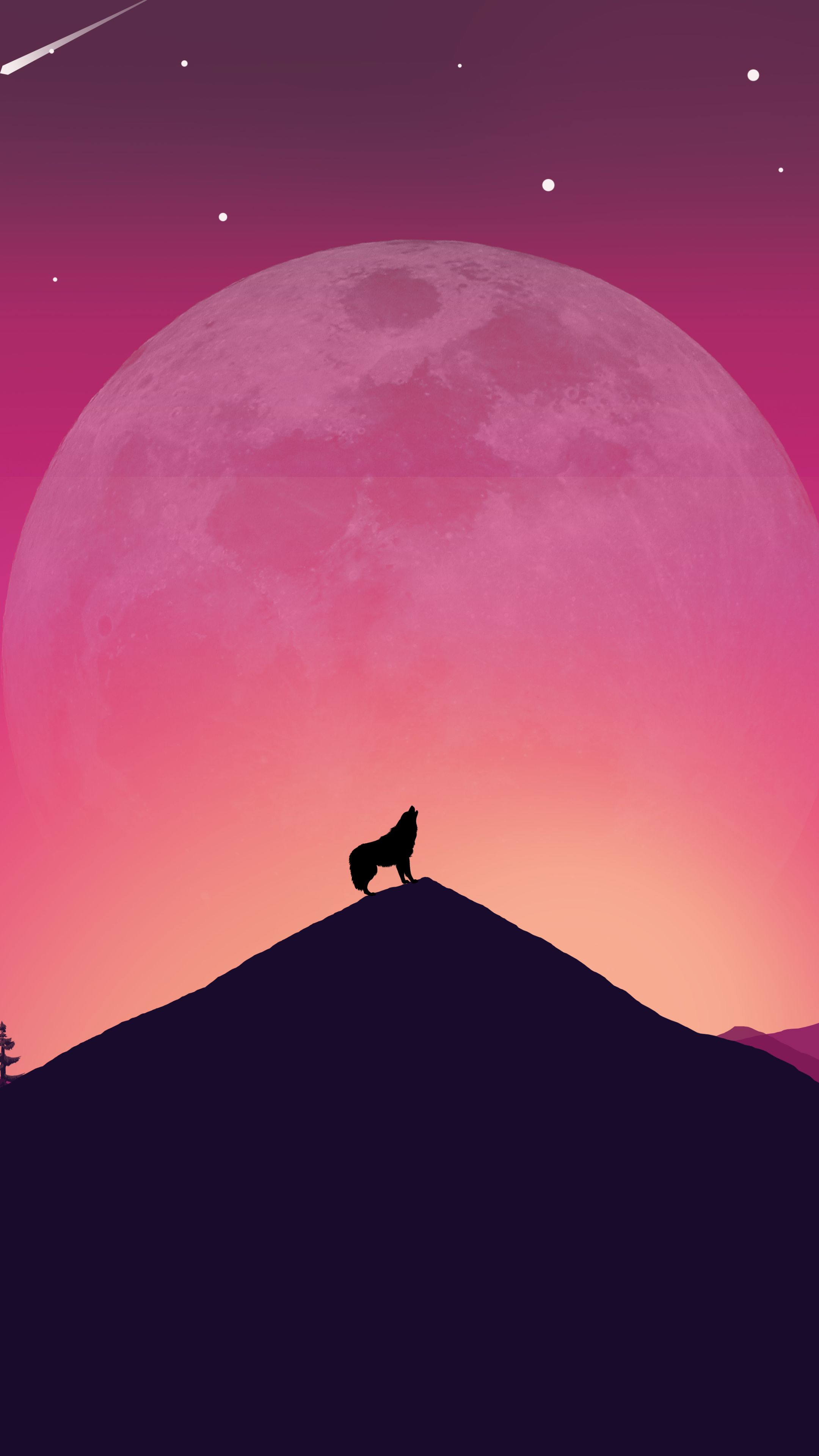 Download mobile wallpaper Landscape, Night, Moon, Mountain, Wolf, Artistic for free.