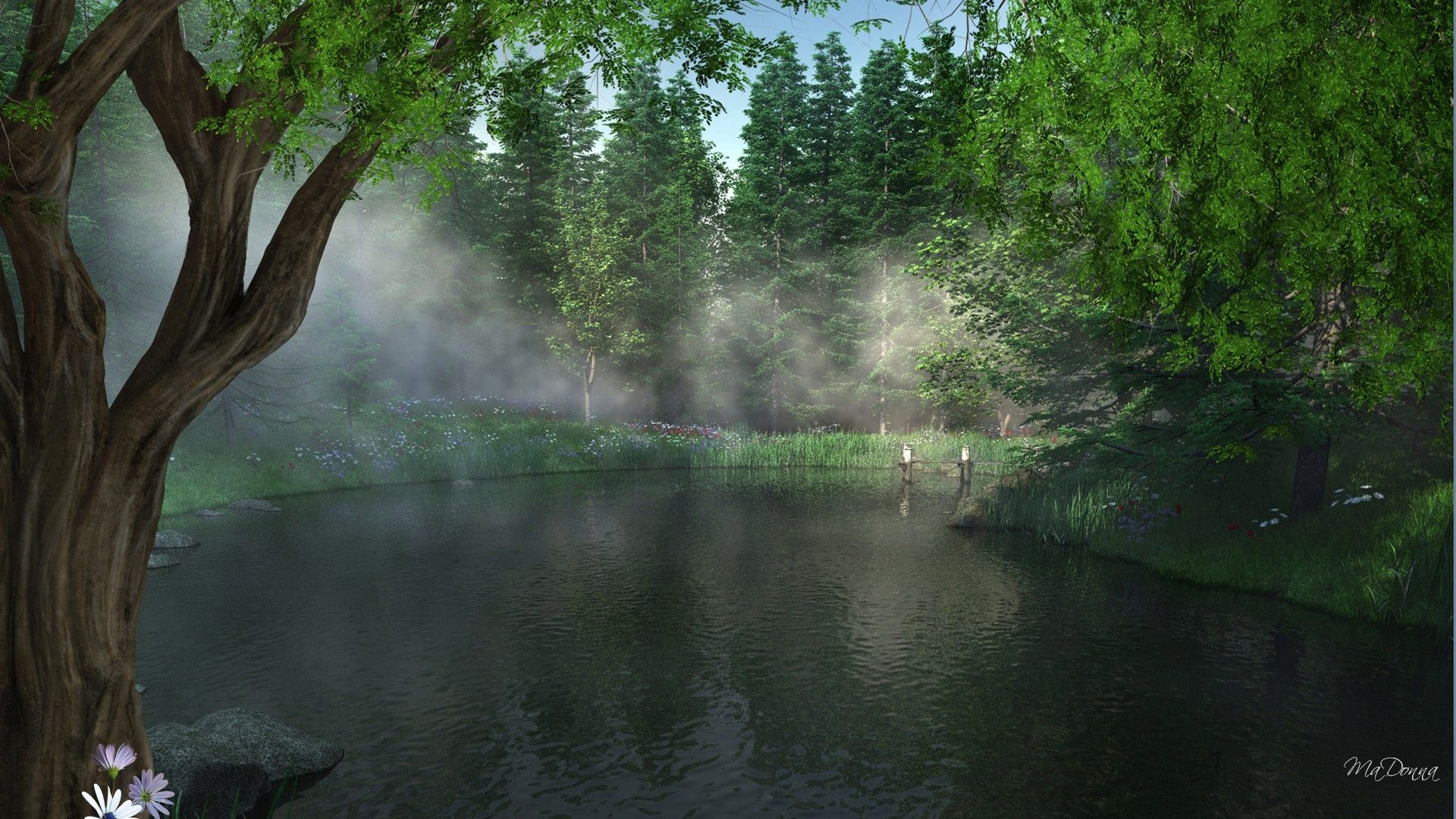 Free download wallpaper Forest, Tree, Fog, Artistic, River on your PC desktop
