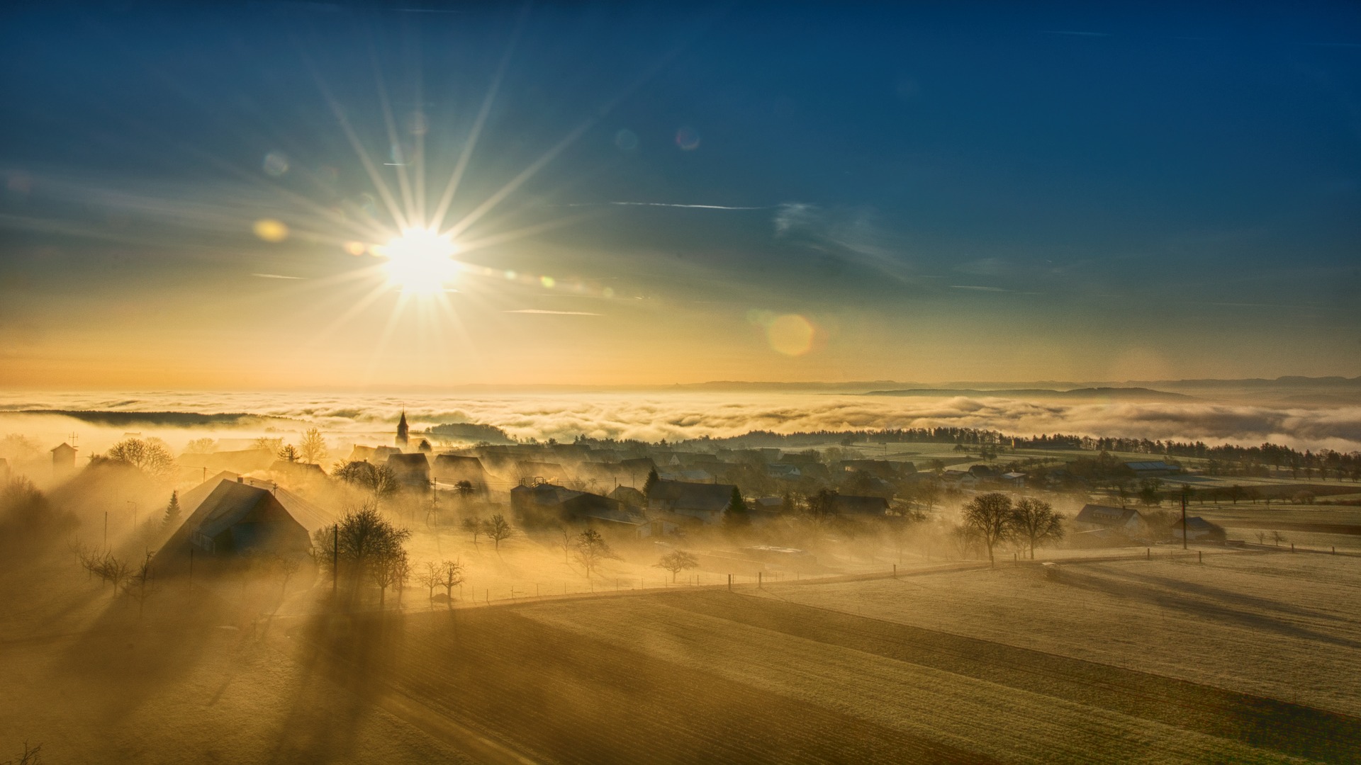 Free download wallpaper Landscape, Fog, Sunrise, House, Field, Cloud, Photography, Sunbeam on your PC desktop