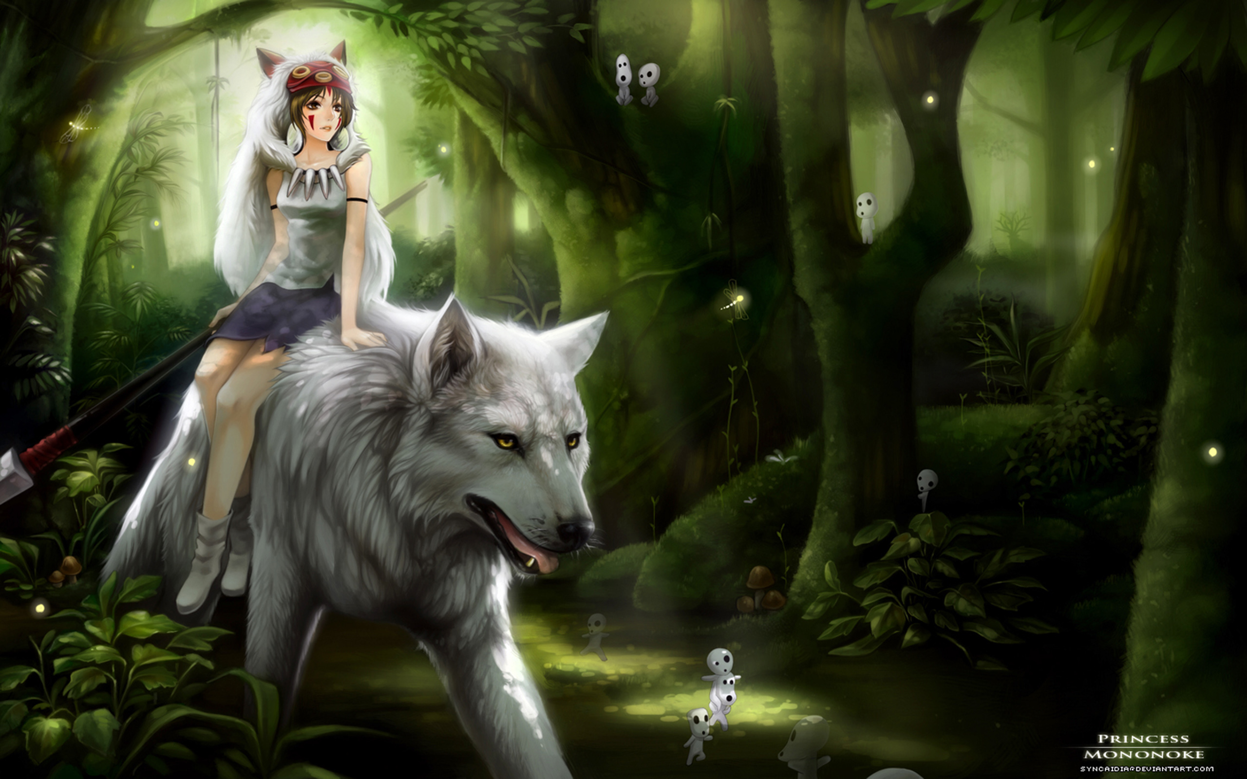princess mononoke, anime, forest, magic, wolf