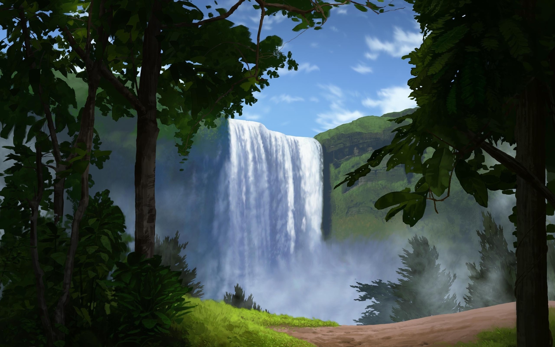 Laden Sie das Landschaft, Wasserfälle, Wasserfall, Wald, Cgi, Erde/natur-Bild kostenlos auf Ihren PC-Desktop herunter