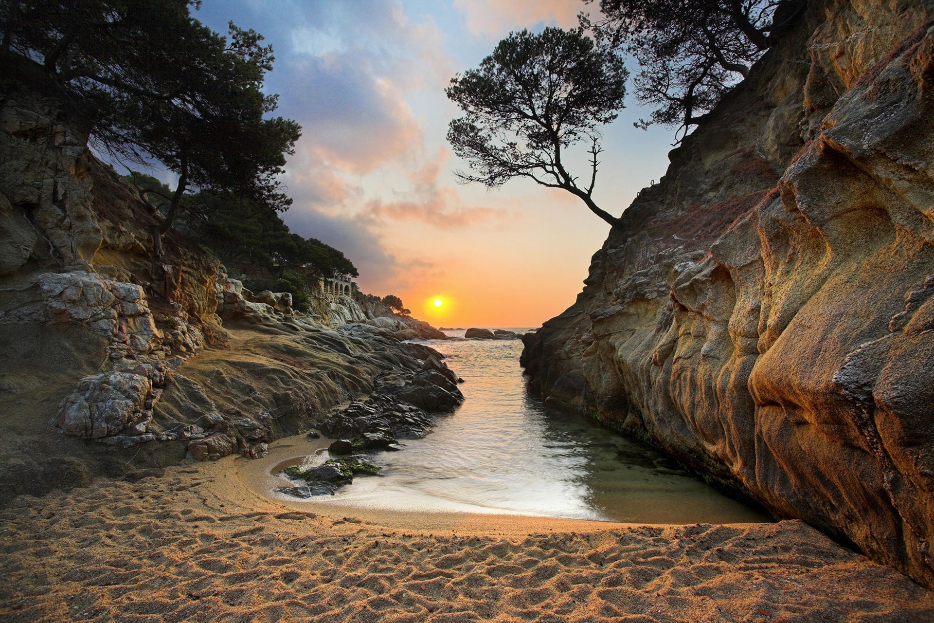 greece, coast, beach, nature, sea, earth, rock, ocean, sand, sunset, tree