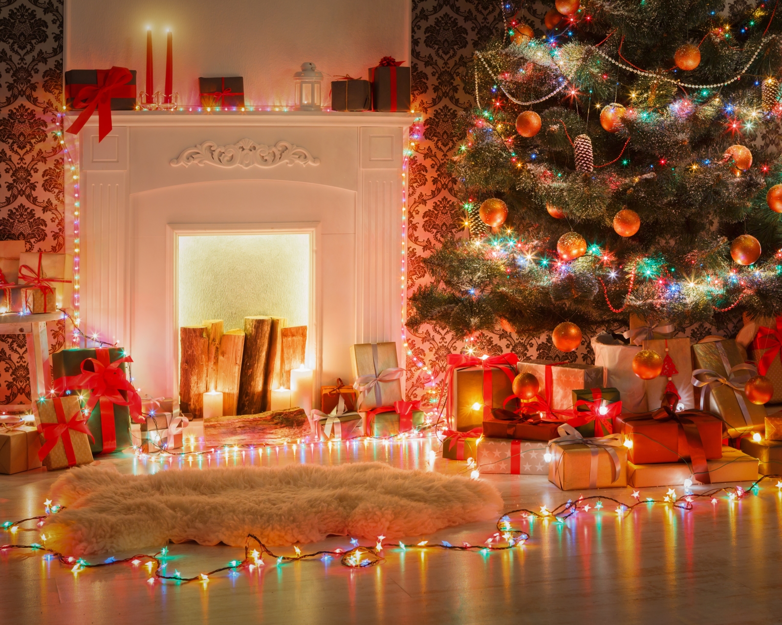 Download mobile wallpaper Christmas, Holiday, Gift, Fireplace, Christmas Ornaments, Christmas Lights for free.
