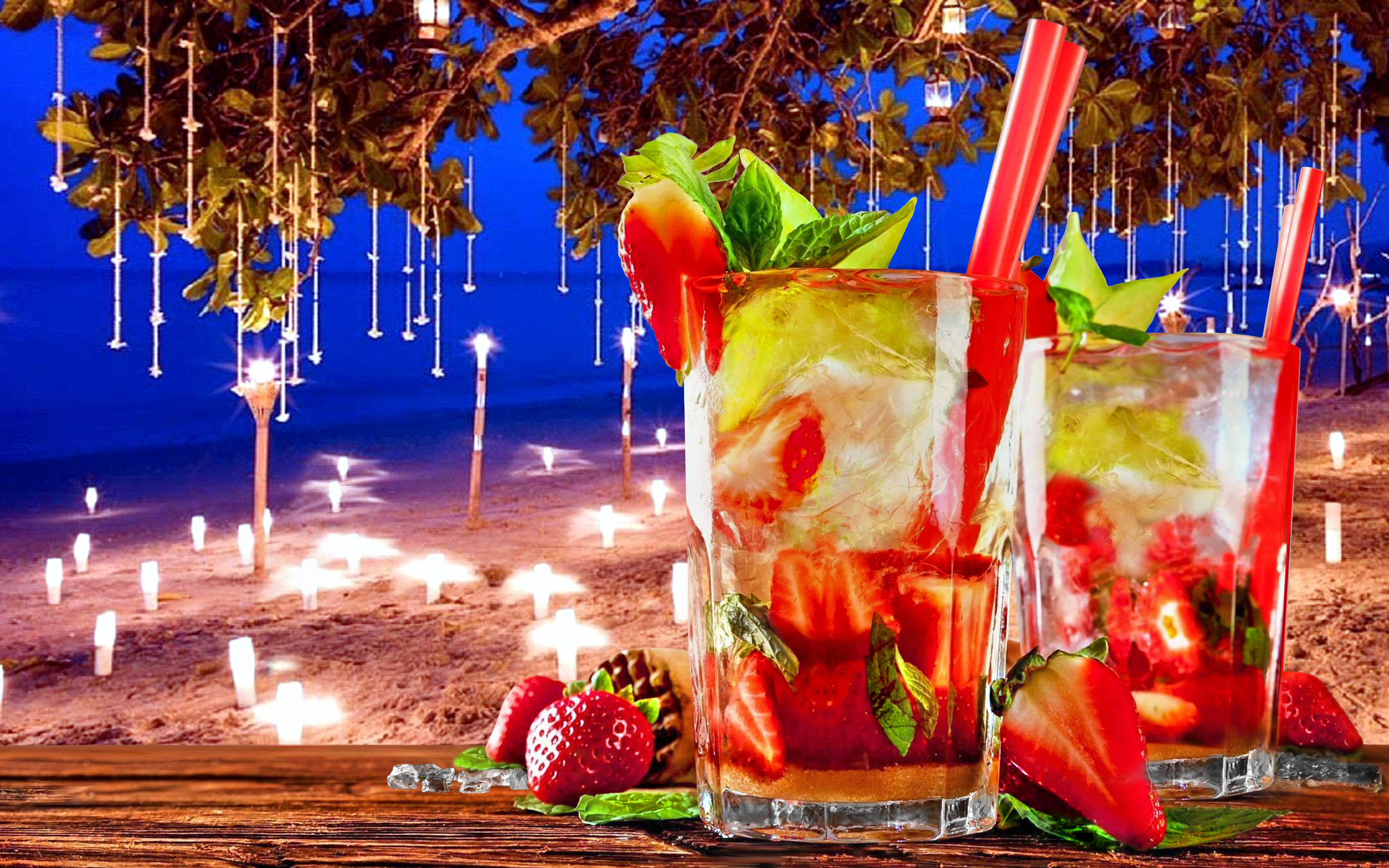 1490954 завантажити шпалери ягода, харчування, коктейль, пляжний, свічка, барвистий, пити, скло, червоний, полуниця, тропічний - заставки і картинки безкоштовно