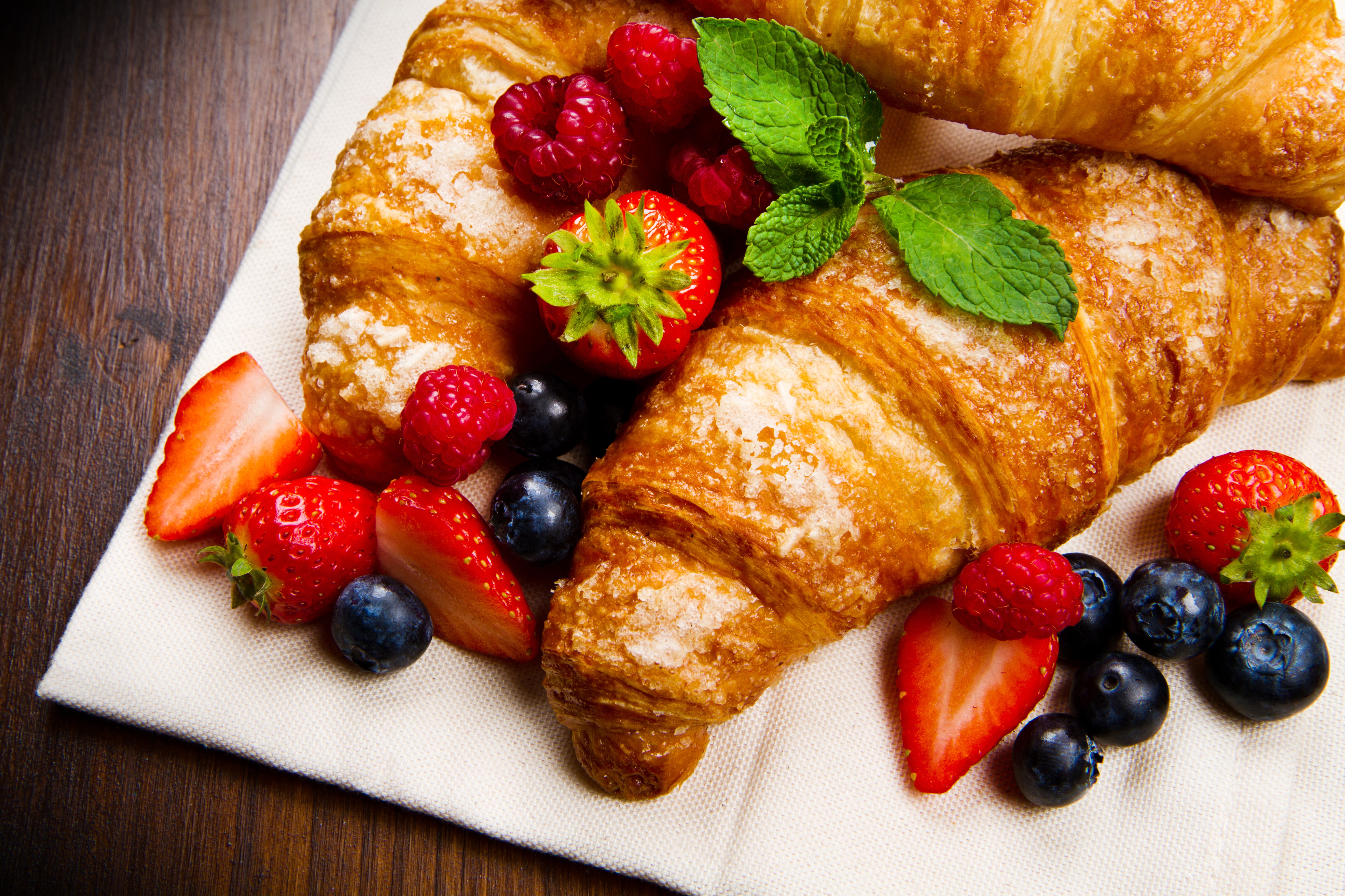Download mobile wallpaper Food, Strawberry, Blueberry, Berry, Fruit, Breakfast, Croissant for free.