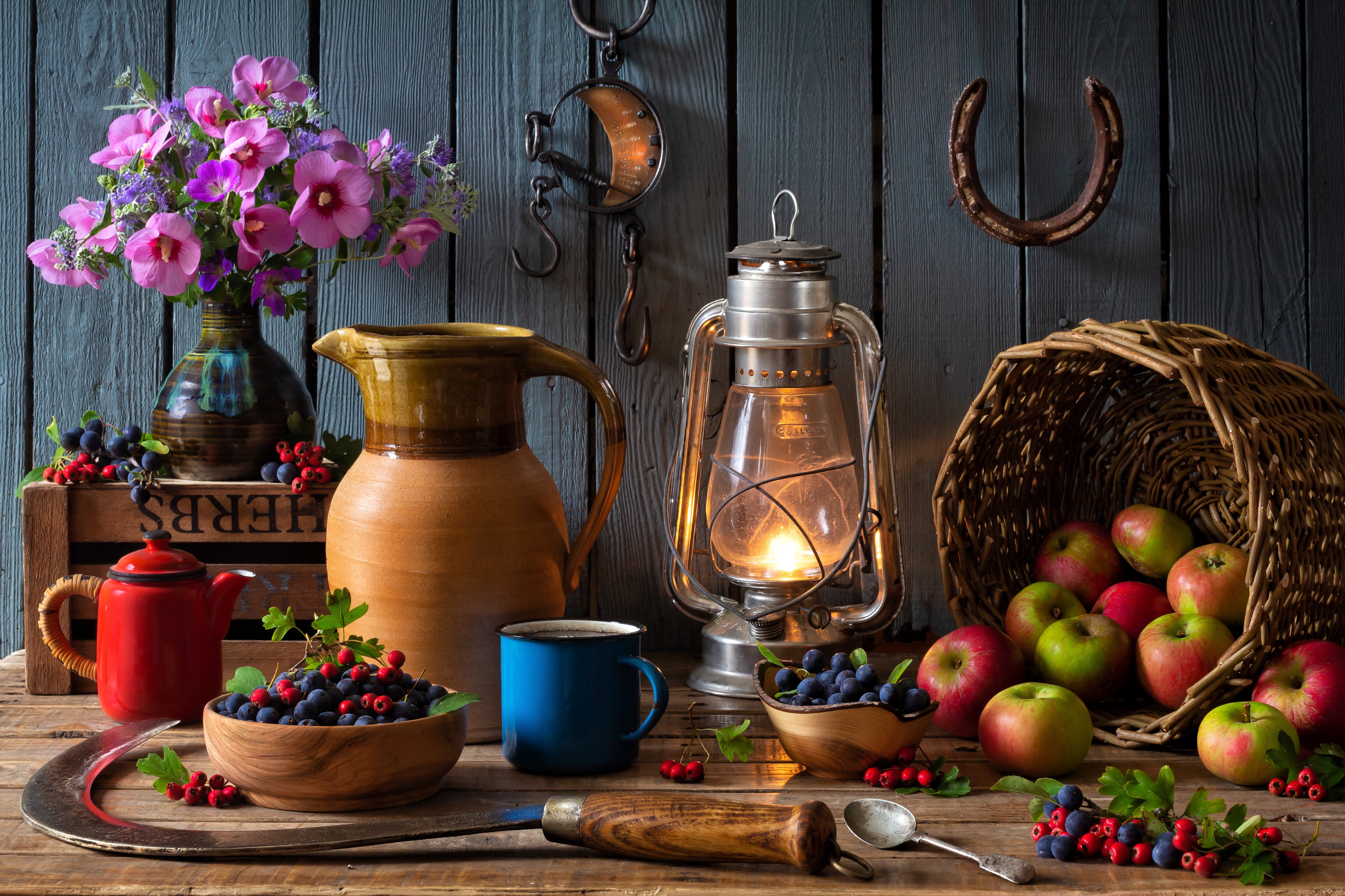 flower, mug, photography, still life, apple, basket, berry, fruit, lantern