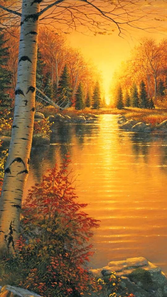 Download mobile wallpaper Landscape, Sunset, Tree, Painting, Artistic, River for free.