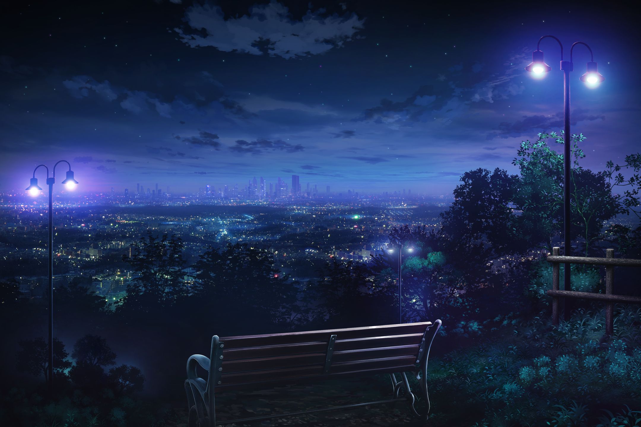 Free download wallpaper Anime, Night, City, Bench, Street Light on your PC desktop