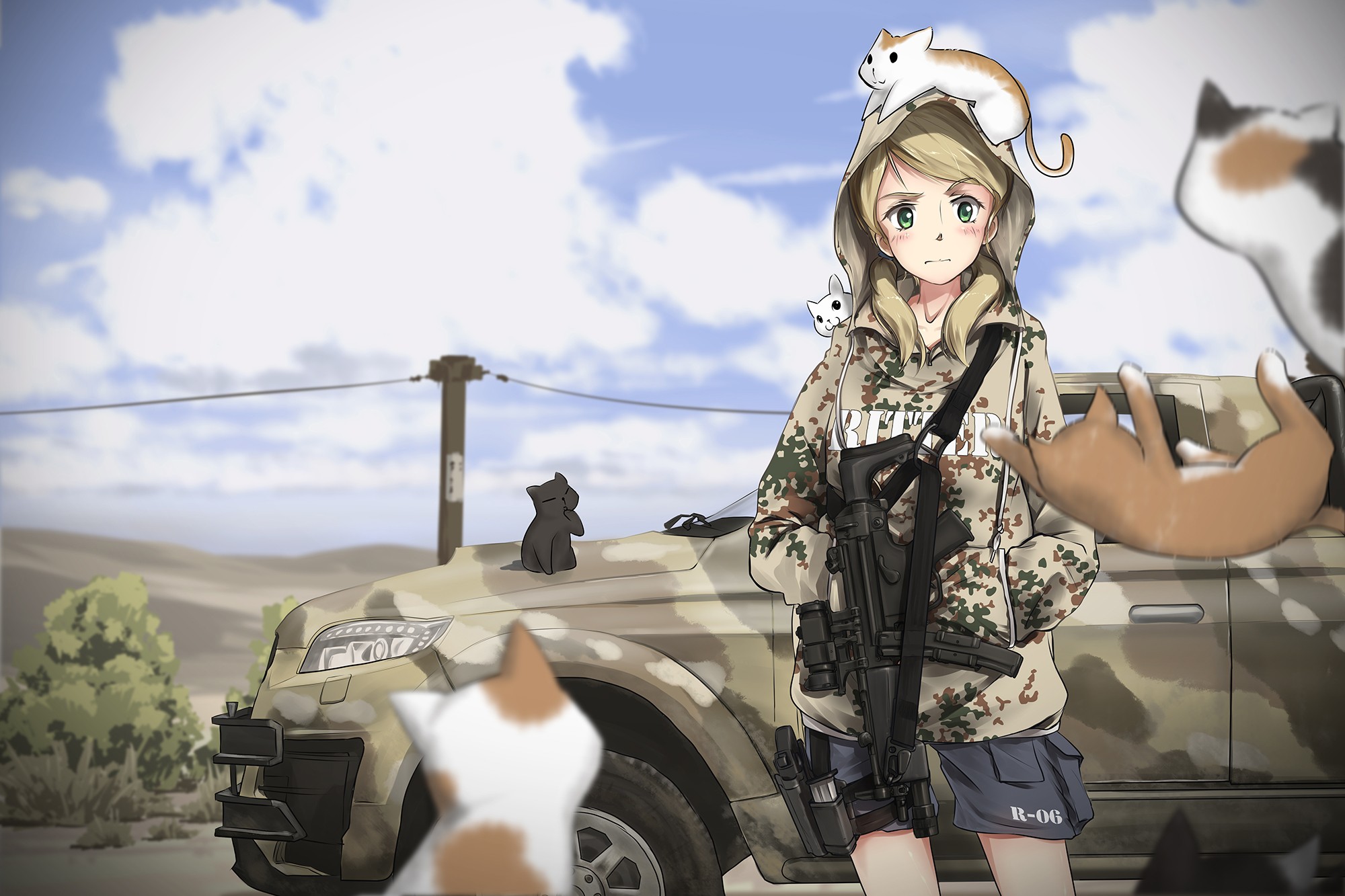 Free download wallpaper Anime, Cat, Car, Green Eyes, Original, Gun on your PC desktop