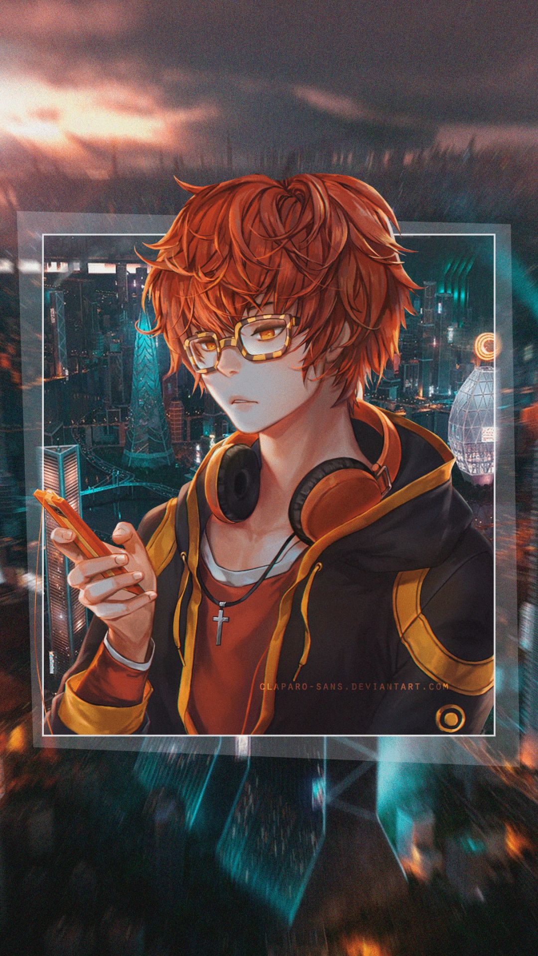 headphones, anime, mystic messenger, red hair, glasses, 707 (mystic messenger), picture in picture
