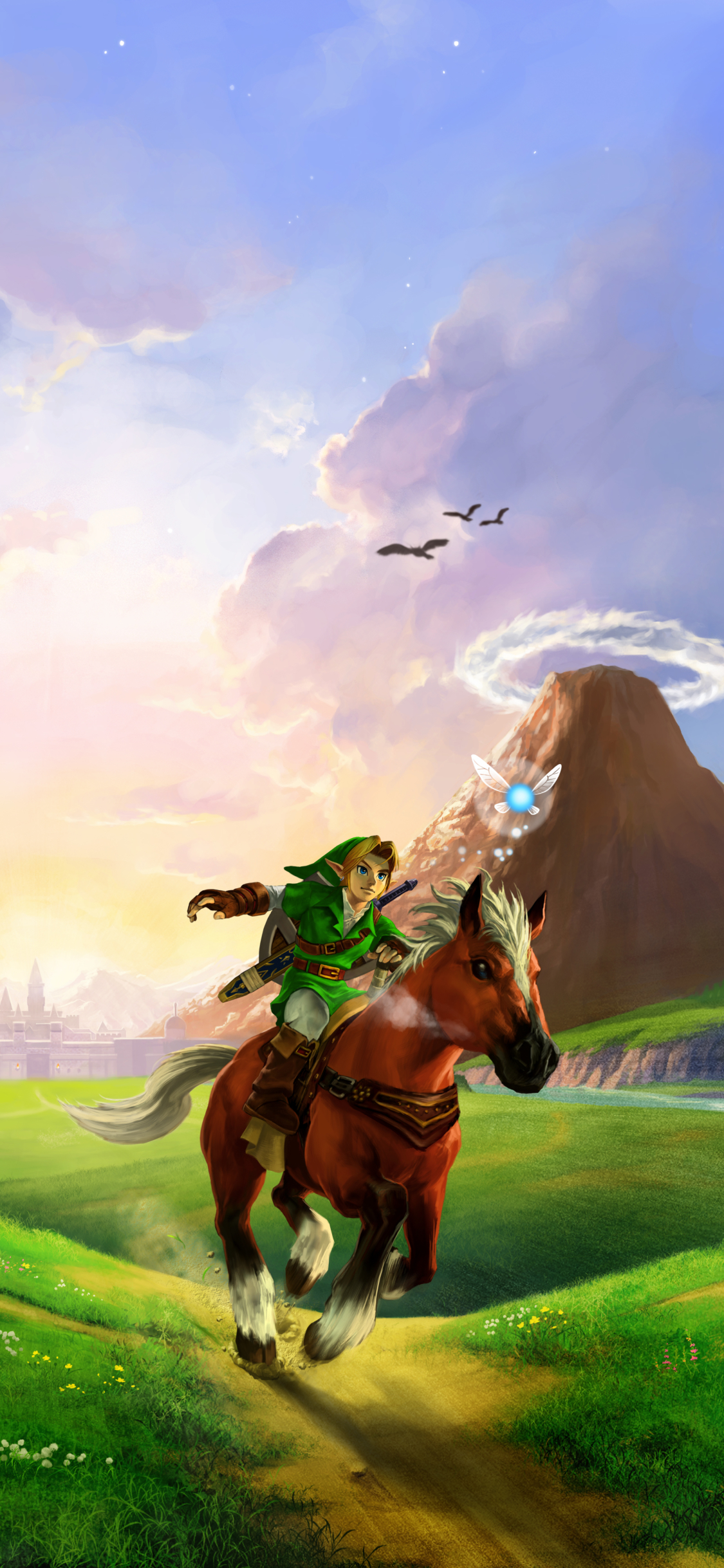 Download mobile wallpaper Sky, Mountain, Bird, Horse, Link, Video Game, Zelda, The Legend Of Zelda: Ocarina Of Time for free.