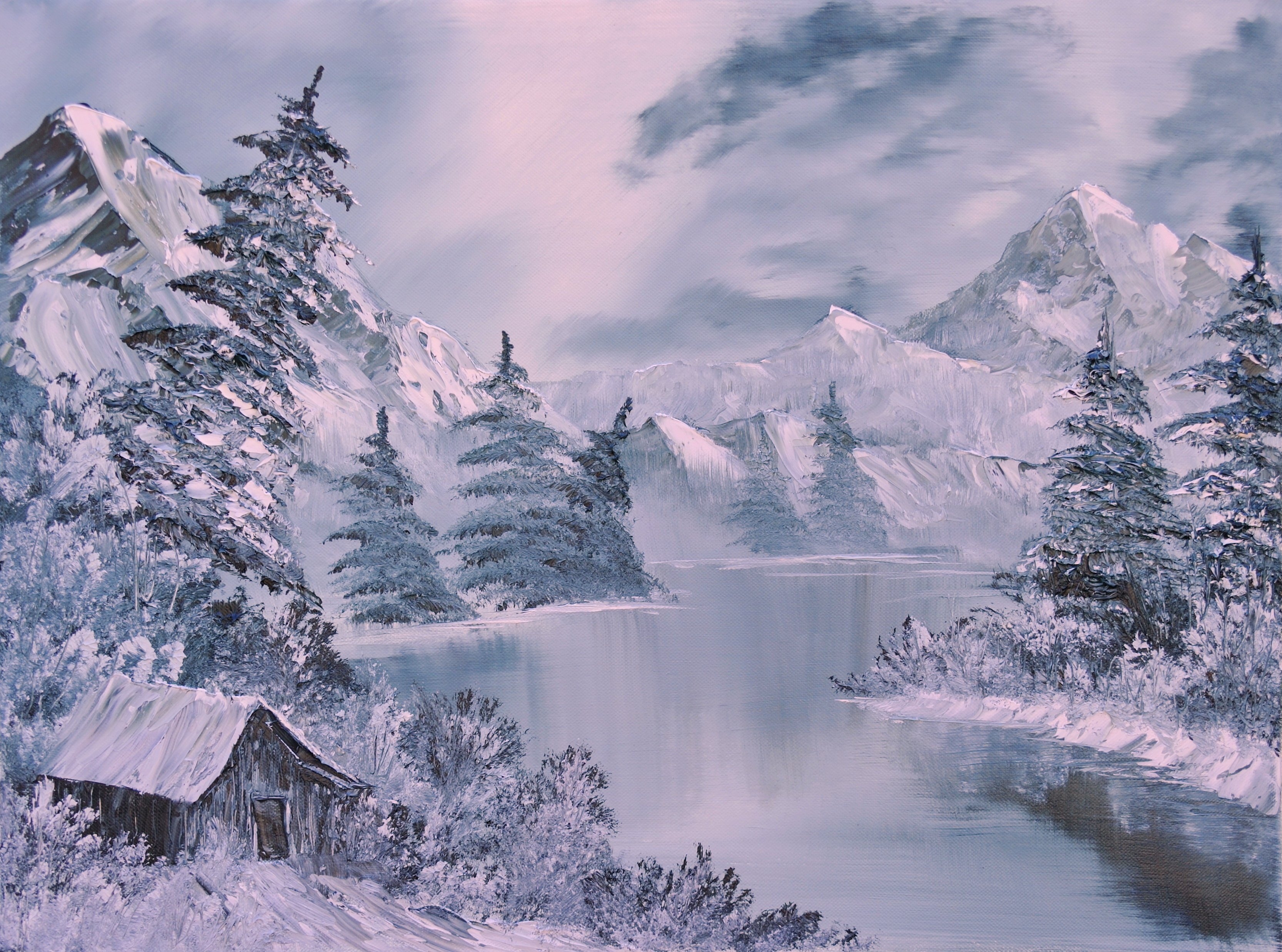 art, white, winter, painting, rivers, small house, lodge, ate