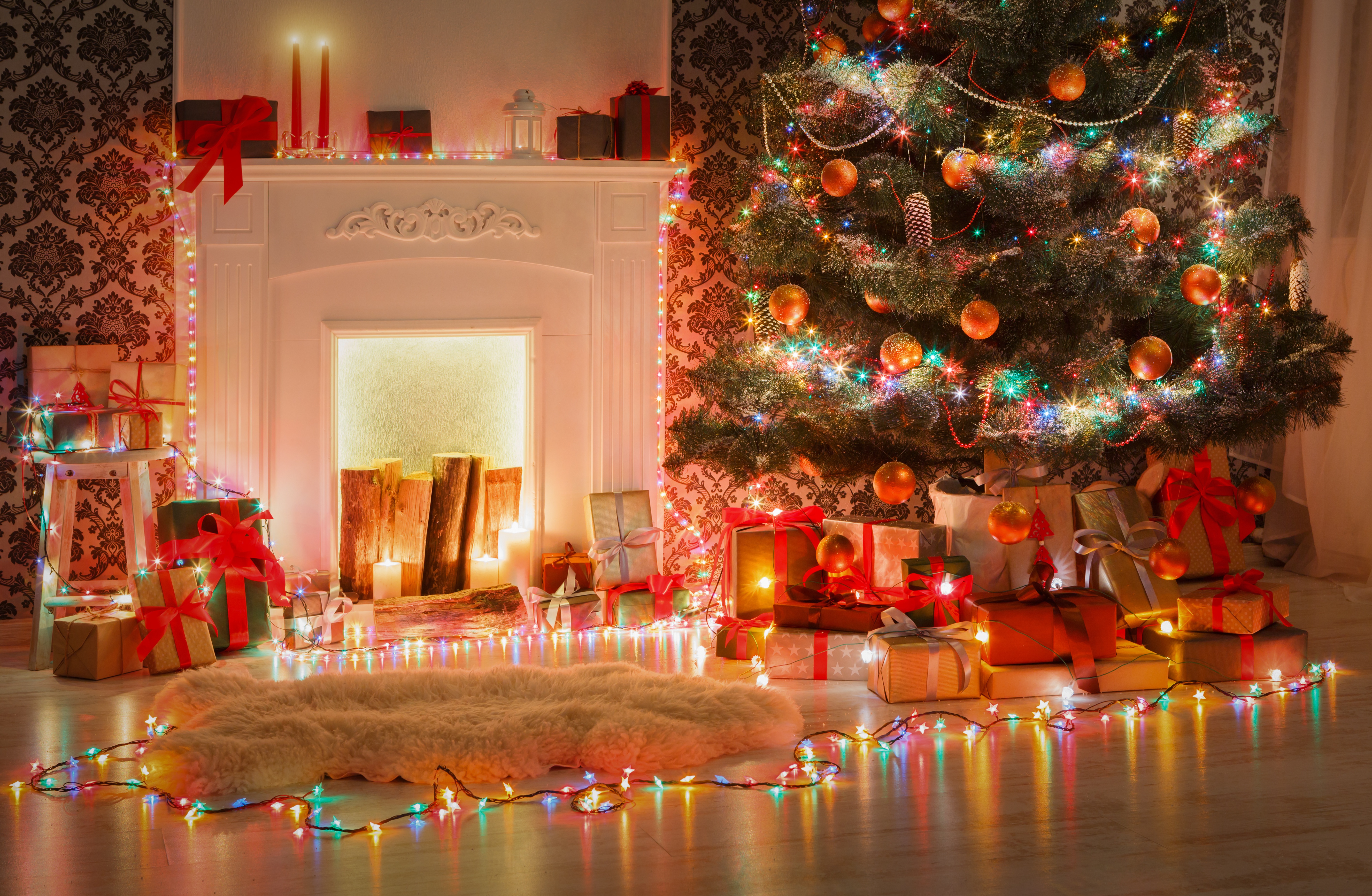 Free download wallpaper Christmas, Holiday, Gift, Fireplace, Christmas Ornaments, Christmas Lights on your PC desktop