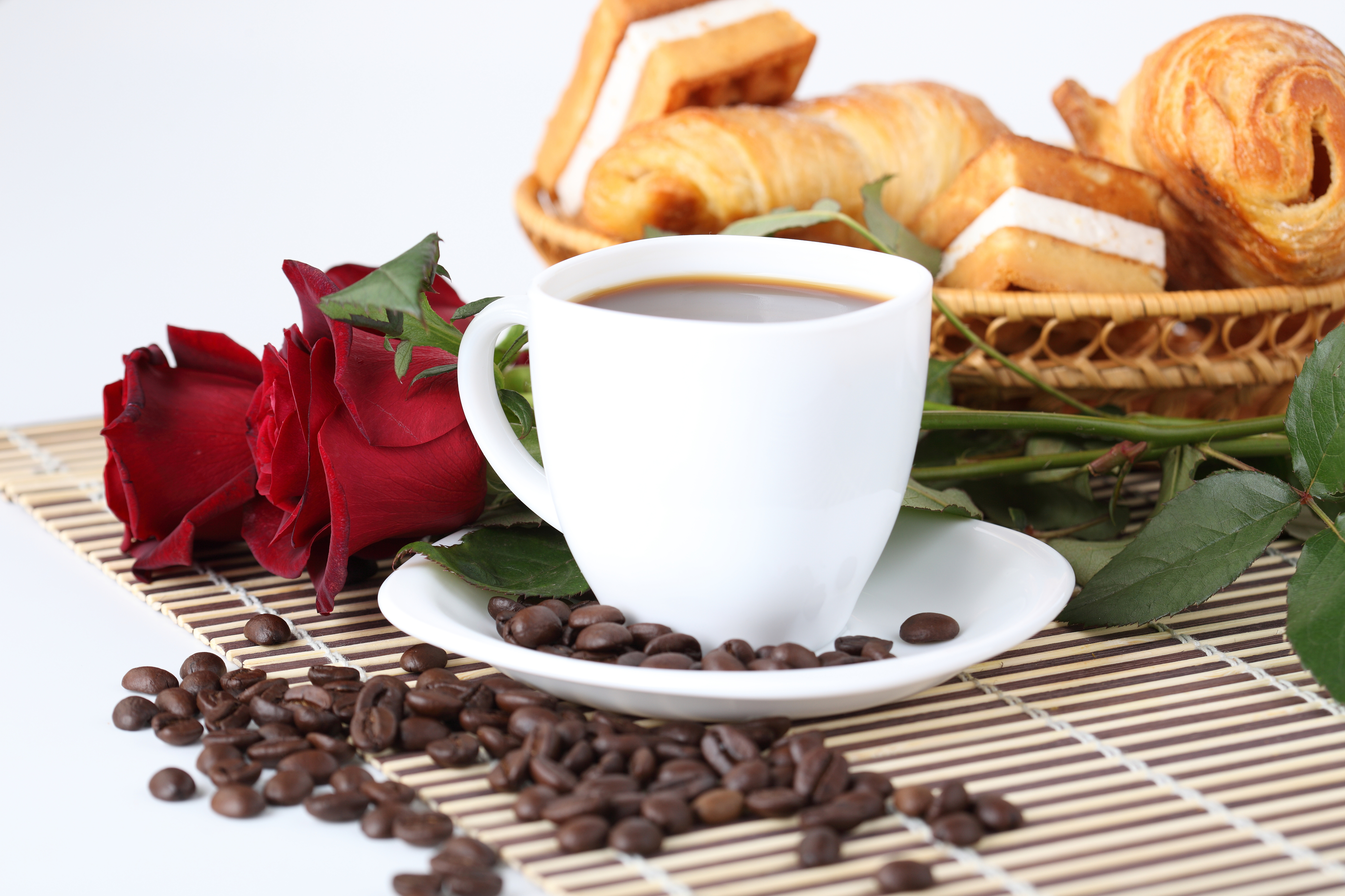 Free download wallpaper Food, Coffee, Still Life, Rose, Cup, Coffee Beans on your PC desktop