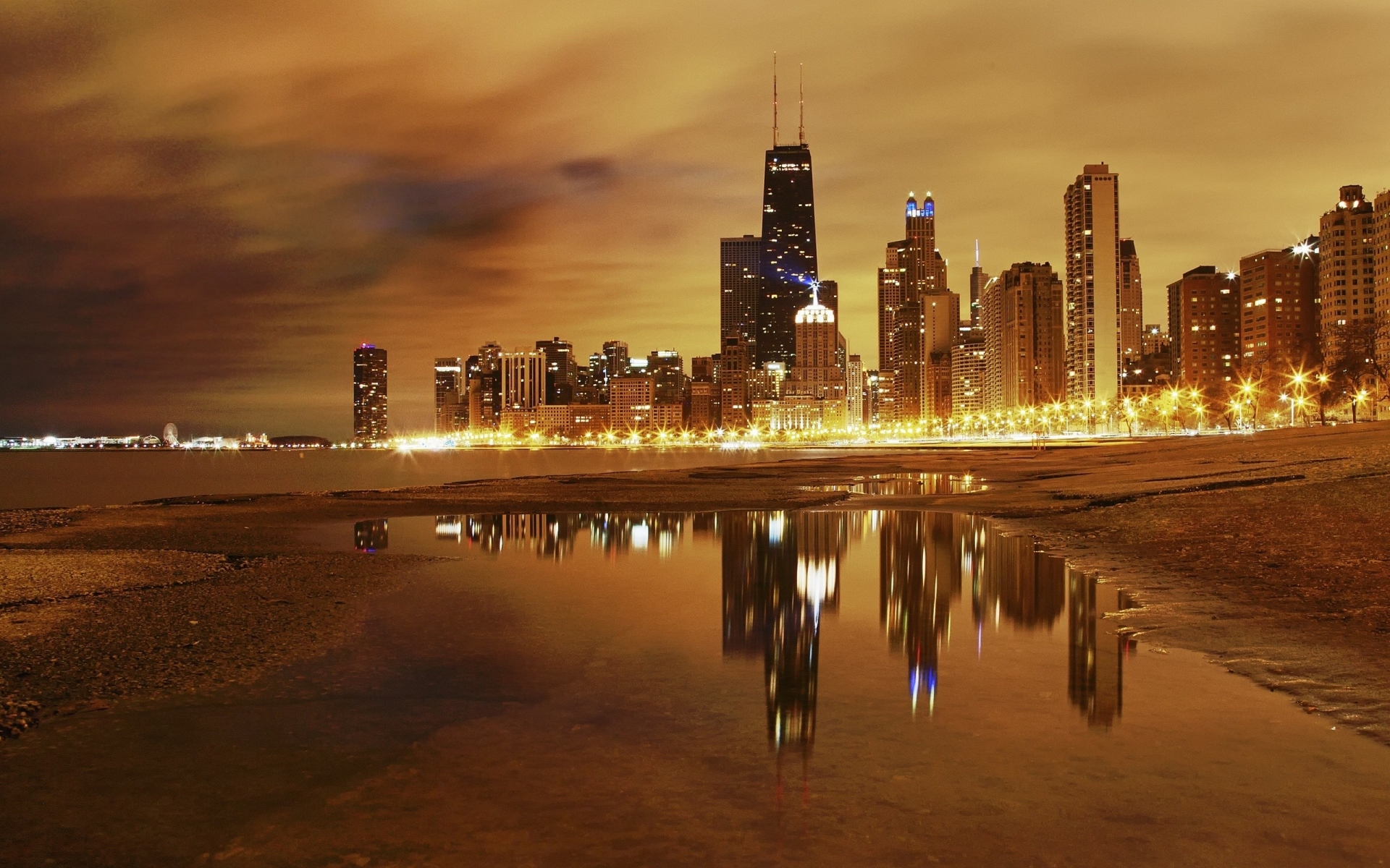 Free download wallpaper Cities, Night, Beach, Skyscraper, Building, Reflection, Shore, Light, Chicago, Man Made on your PC desktop