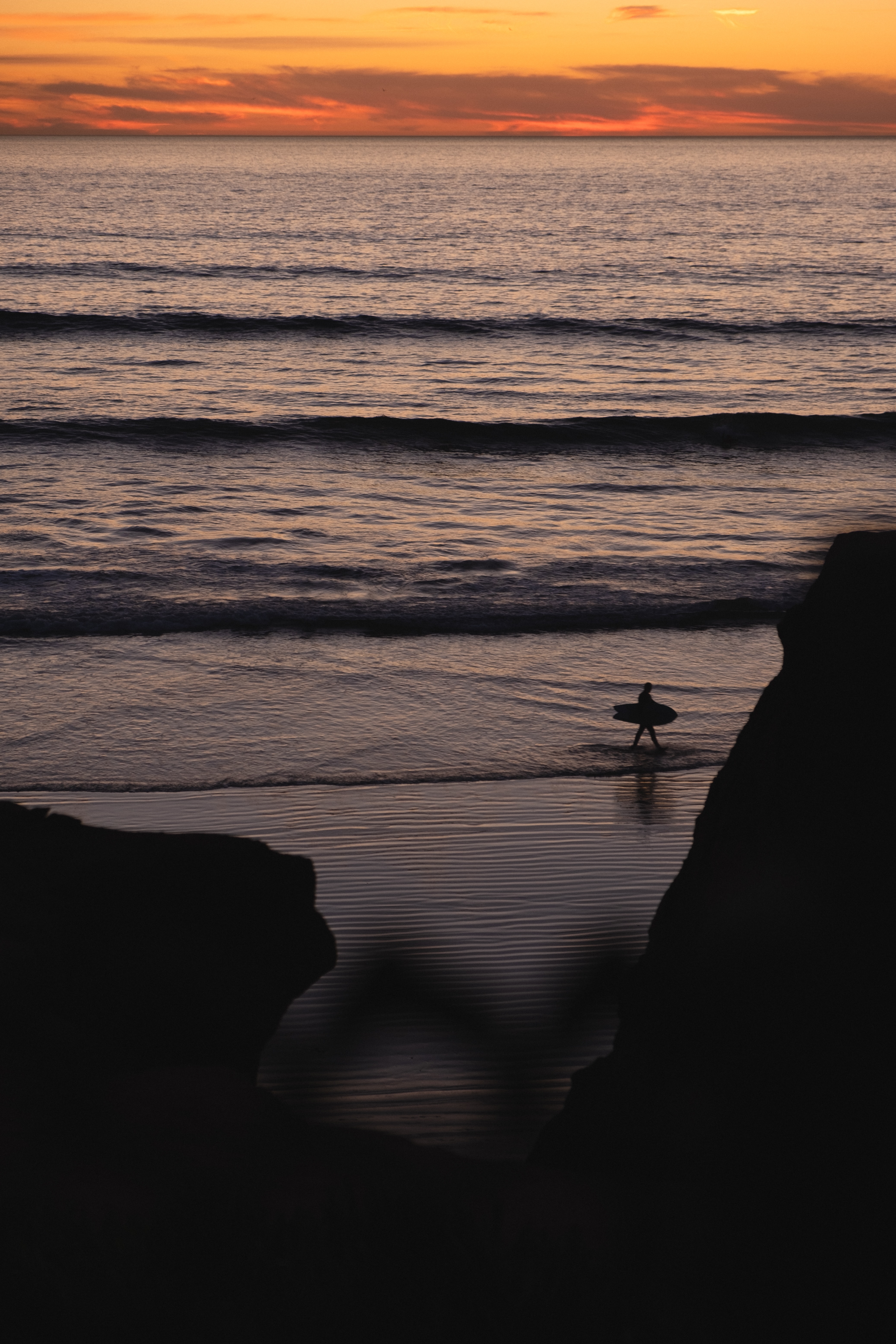 surfer, twilight, beach, dark, silhouette, dusk