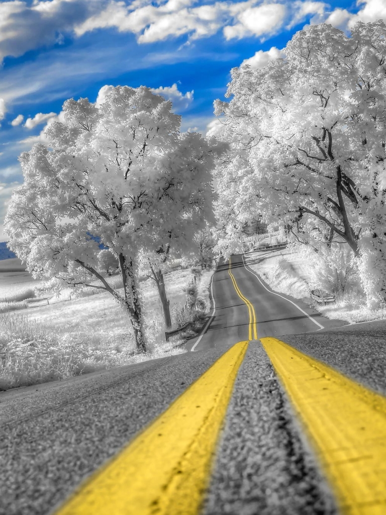 Download mobile wallpaper Winter, Nature, Road, Tree, Cloud, Man Made for free.