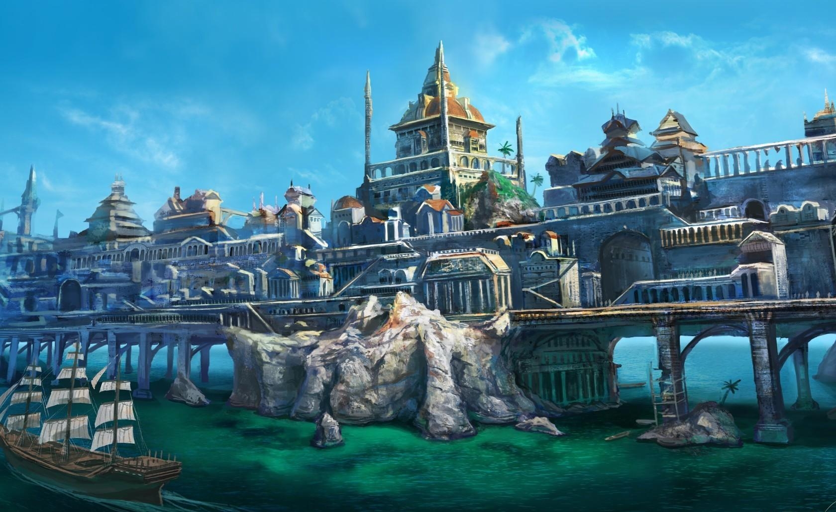 Free download wallpaper Bridge, City, Sea, Ship, Fantasy on your PC desktop