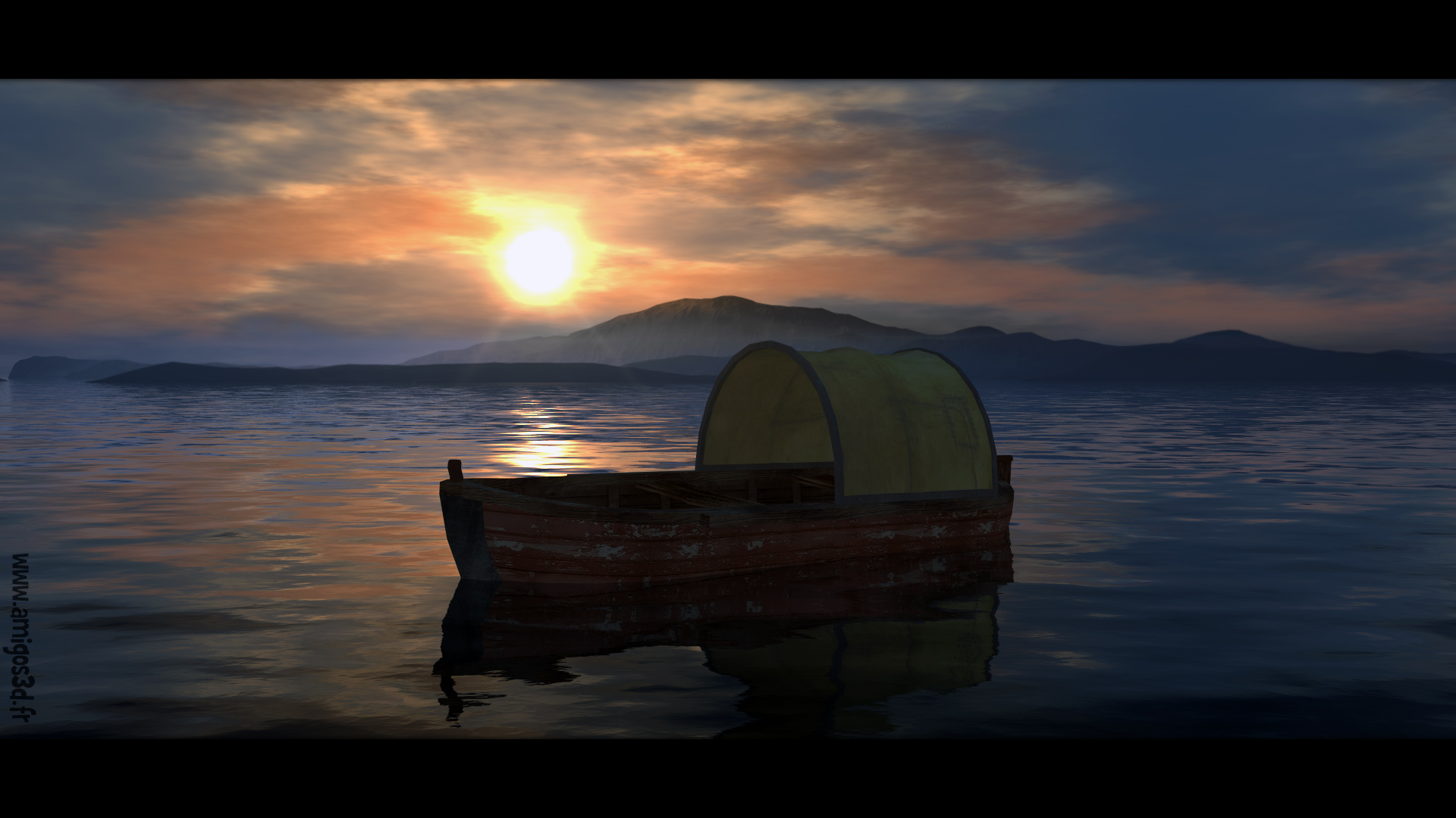 Download mobile wallpaper Water, Sunset, Sea, 3D, Boat, Artistic for free.