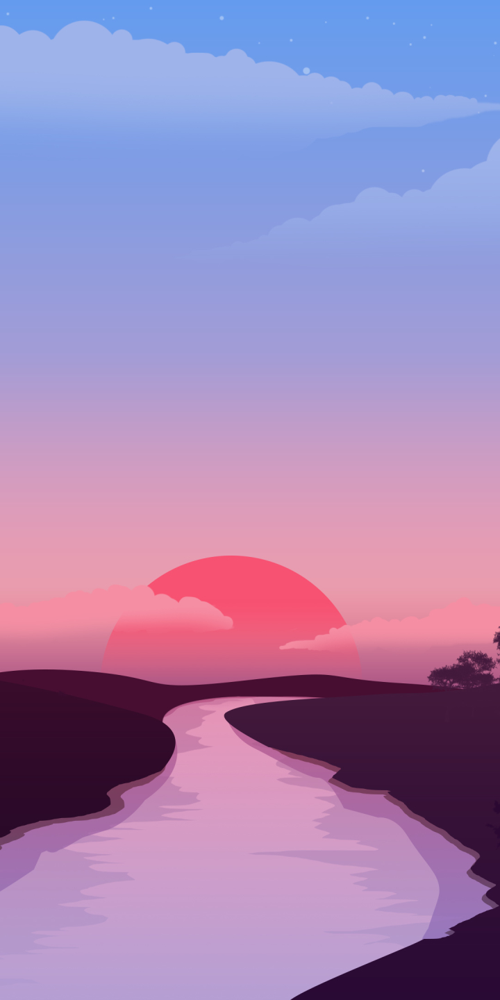 Download mobile wallpaper Sunset, Sun, Pink, Artistic, River for free.