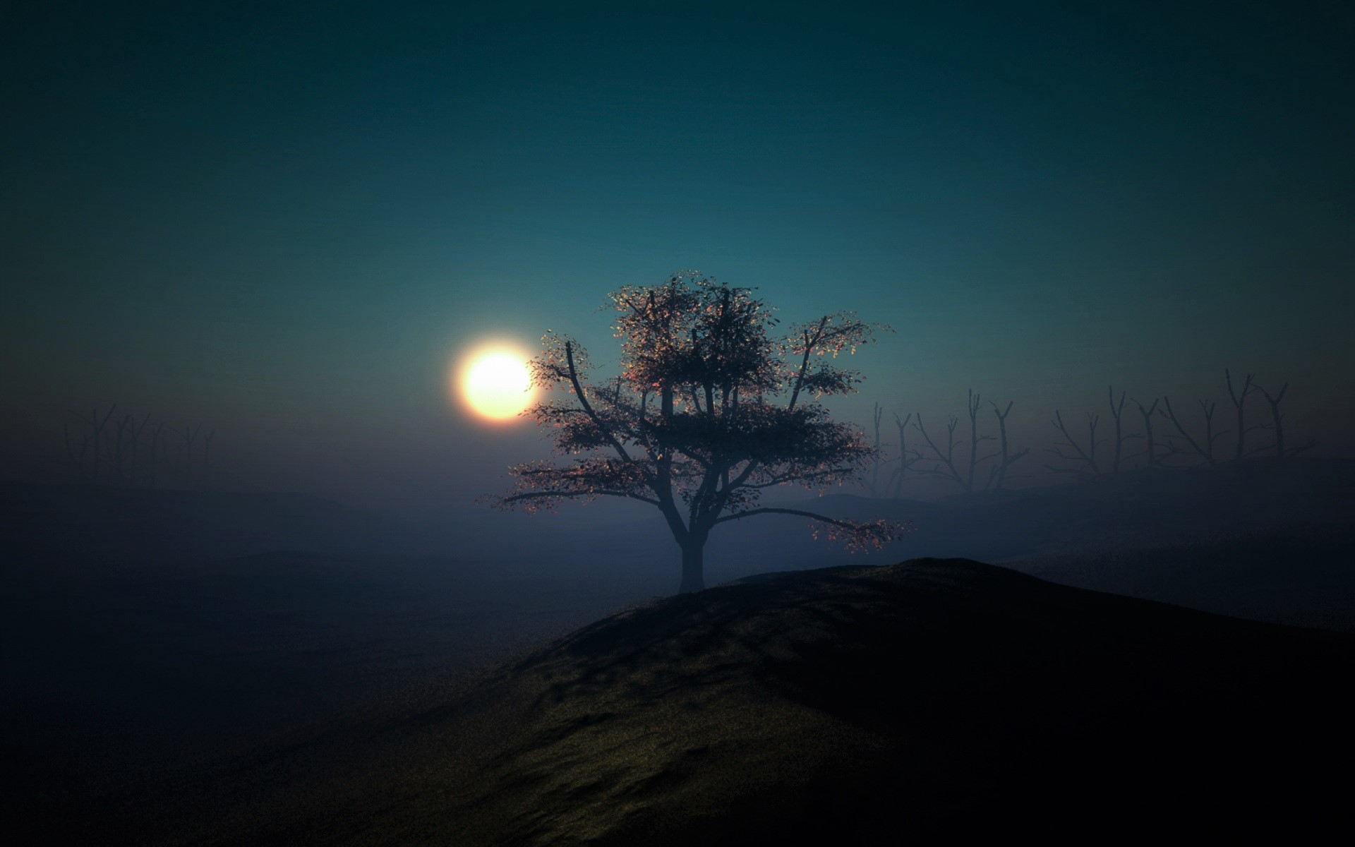 PCデスクトップに木, 霧, 月, 地球, 夜画像を無料でダウンロード