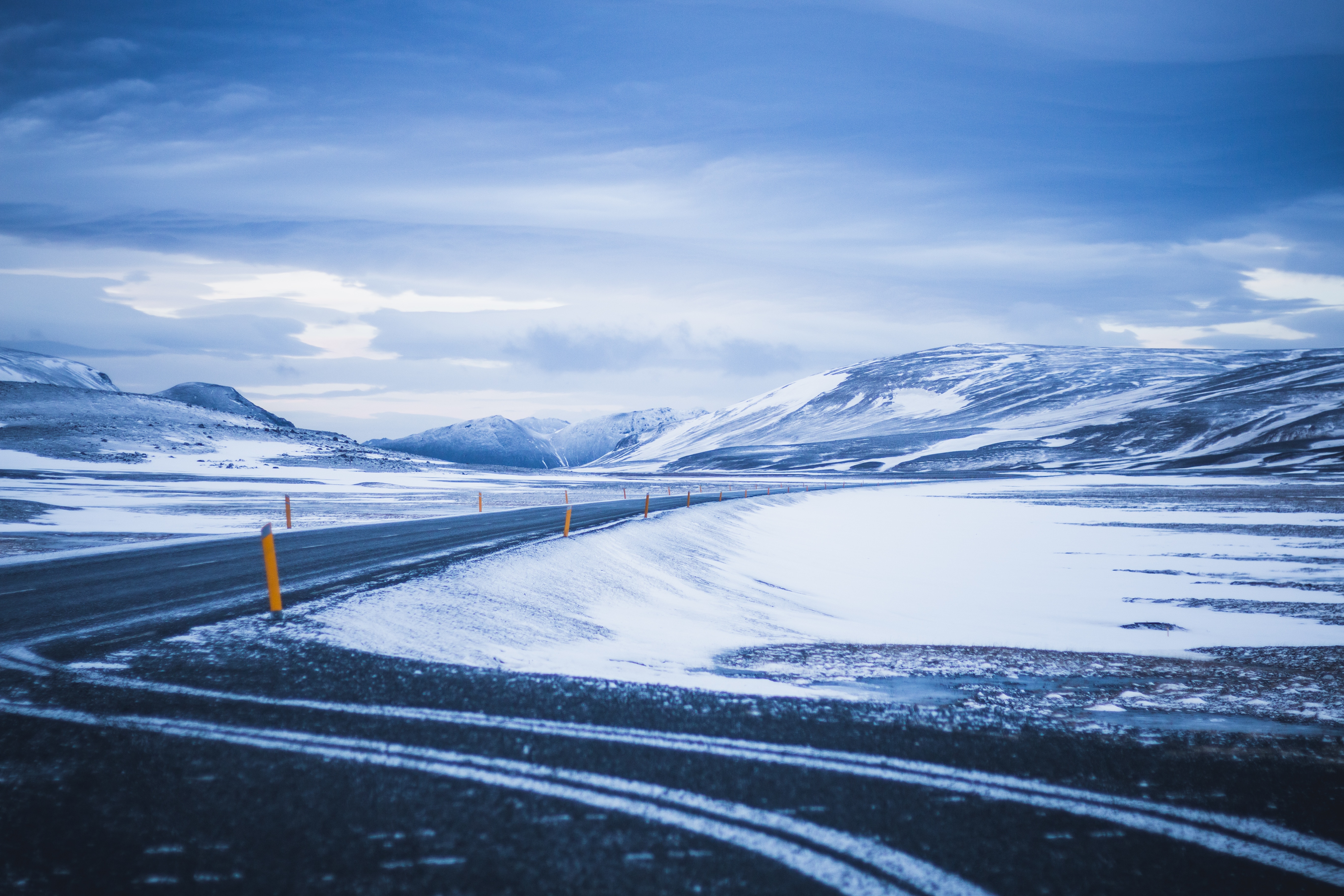 desktop Images winter, nature, mountains, snow, road, turn, snow covered, snowbound